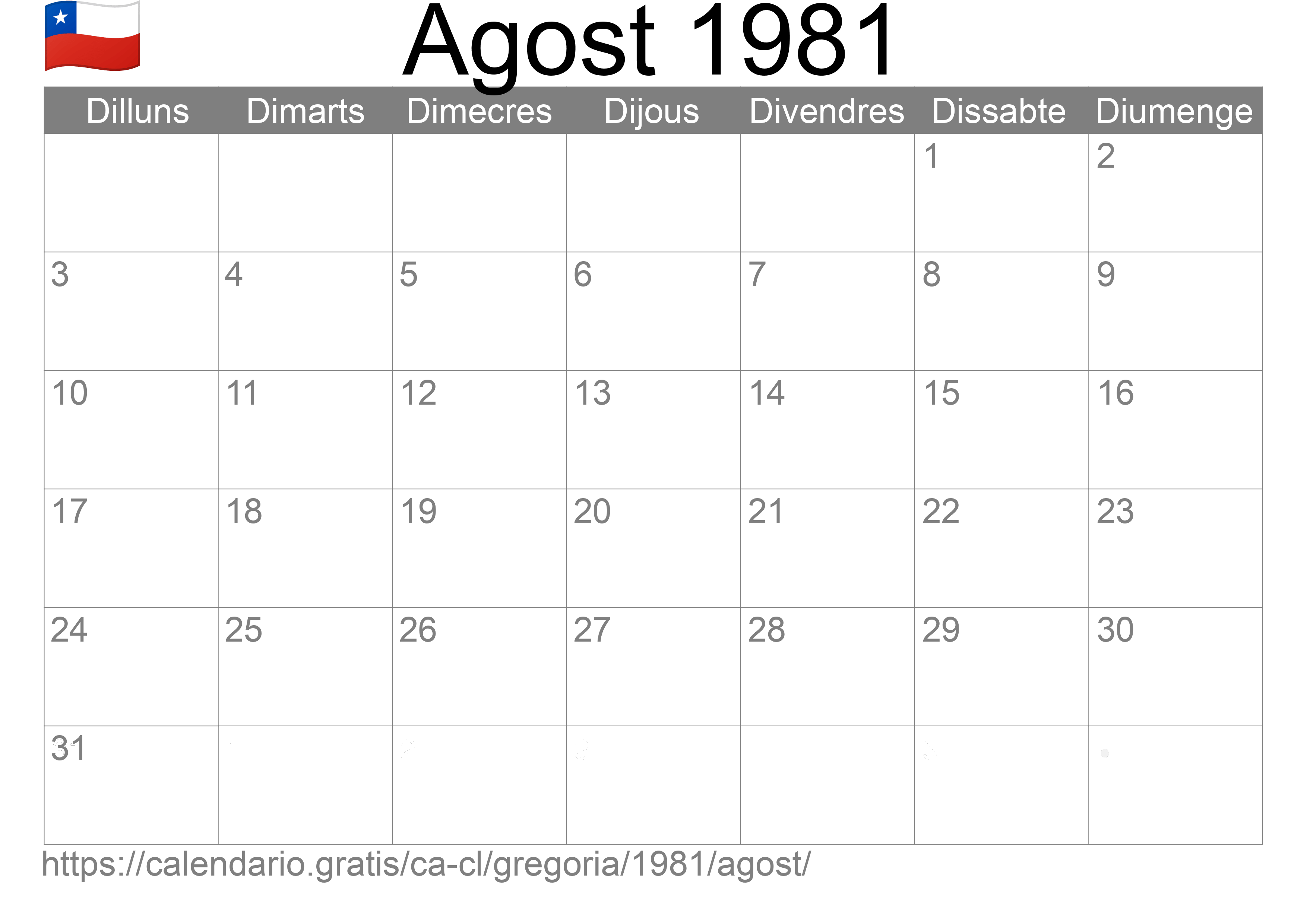 Calendari Agost 1981 per imprimir