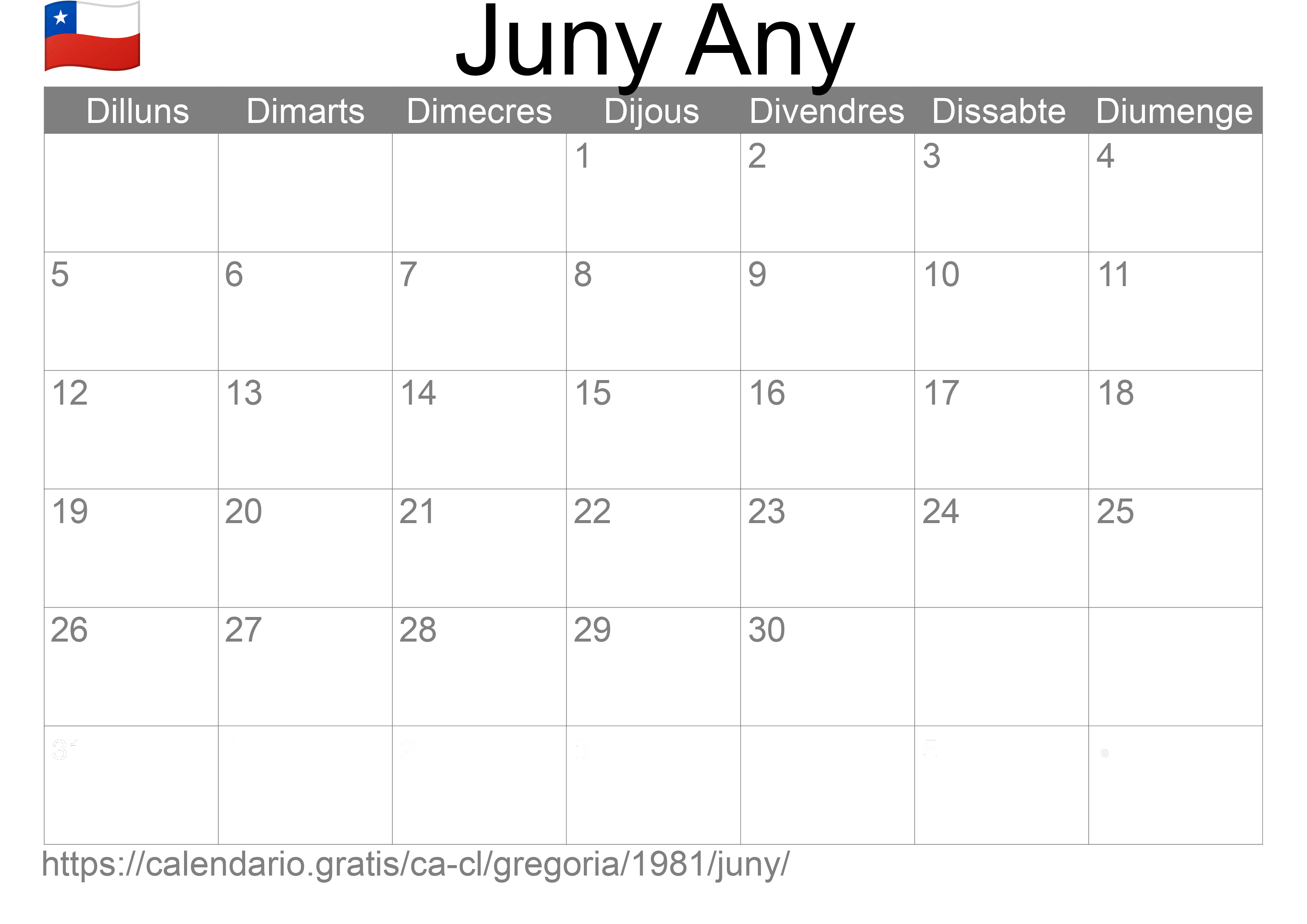 Calendari Juny 1981 per imprimir