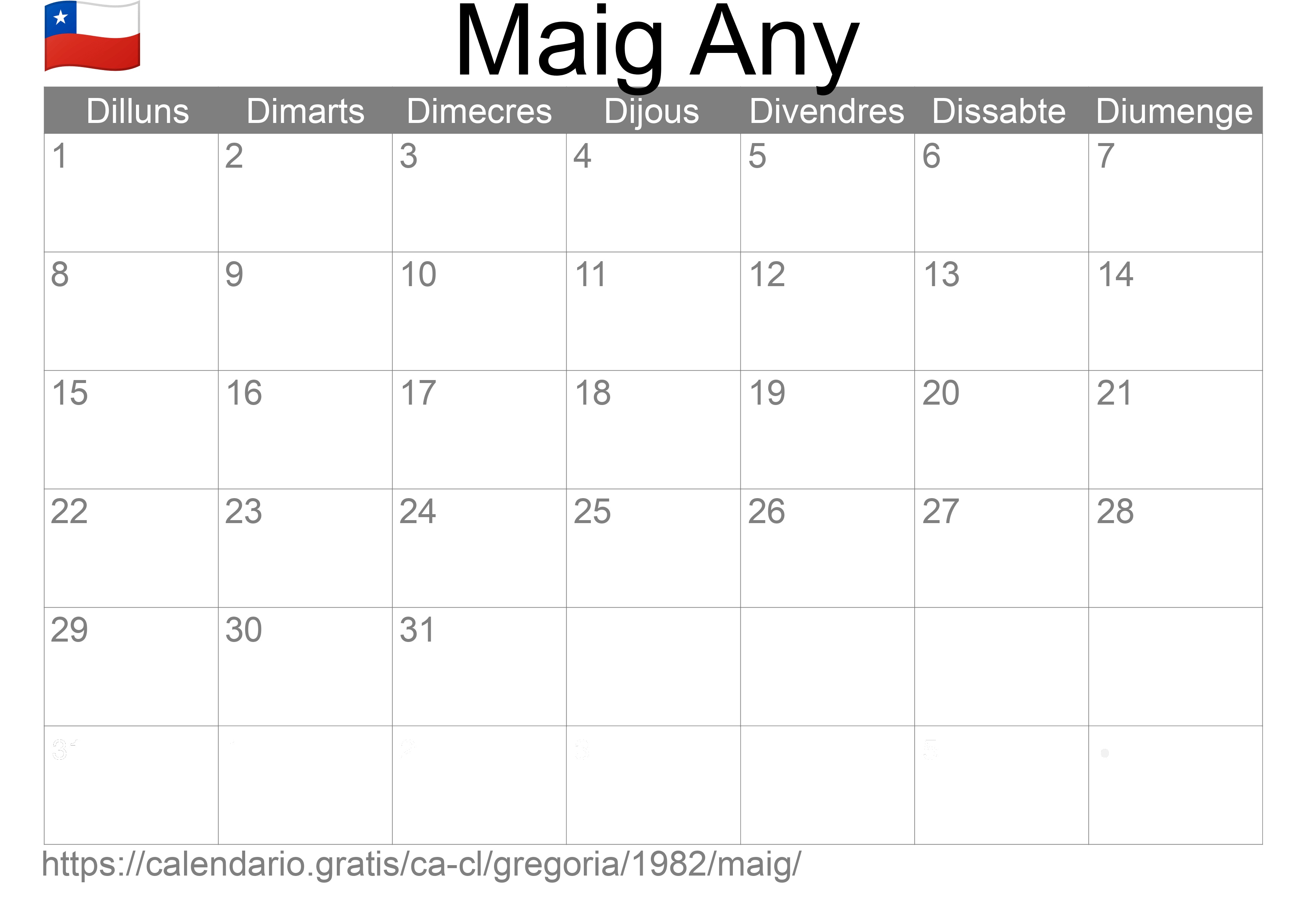 Calendari Maig 1982 per imprimir