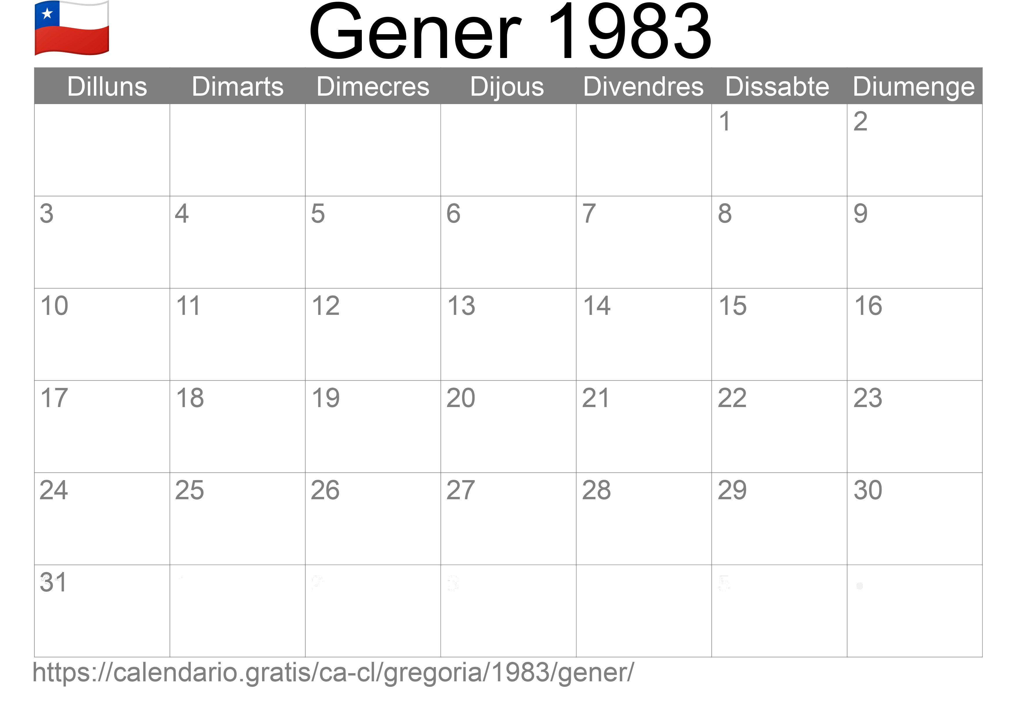 Calendari Gener 1983 per imprimir