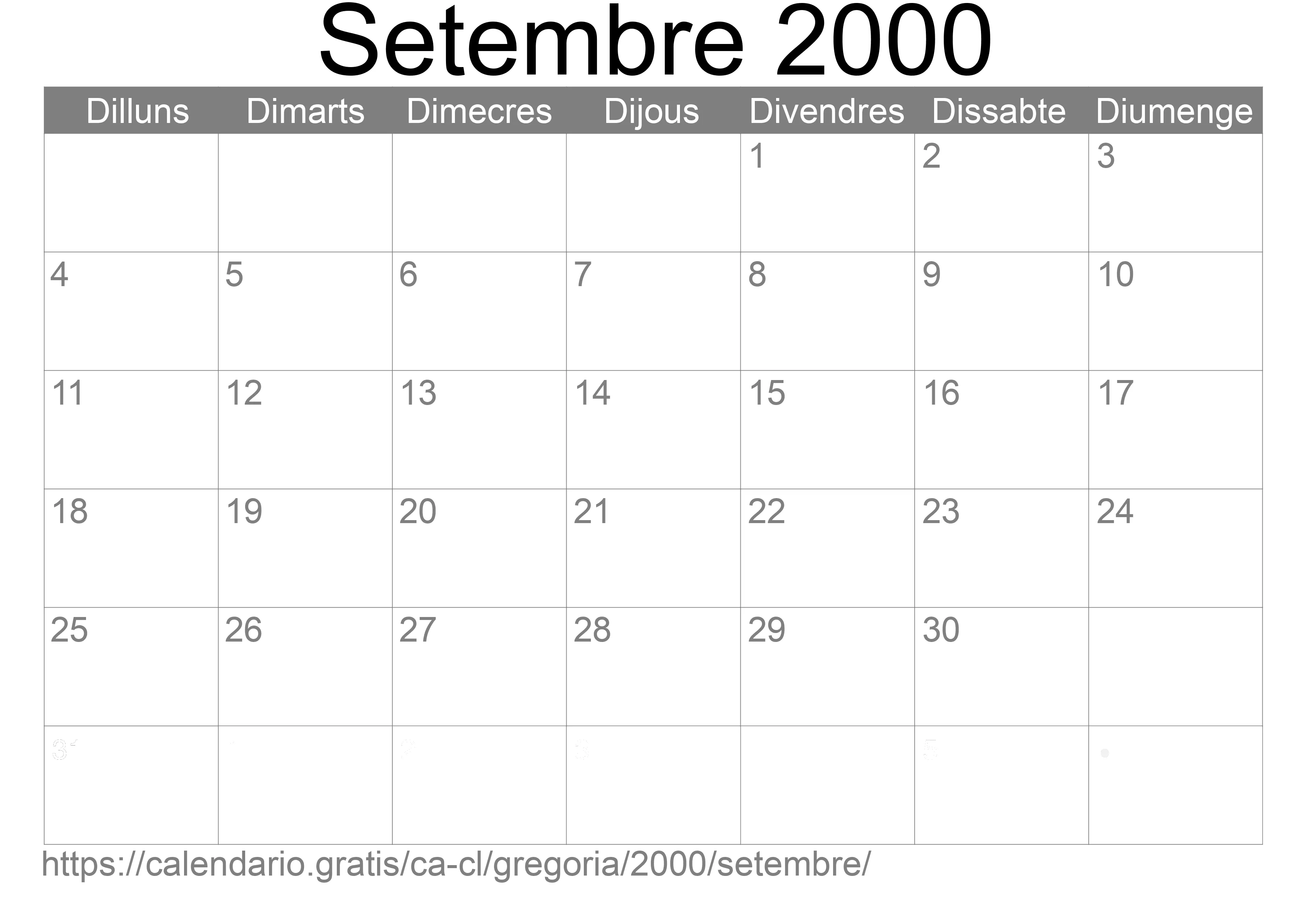 Calendari Setembre 2000 per imprimir (Xile) Calendari Setembre 2000 per imprimir (Xile)