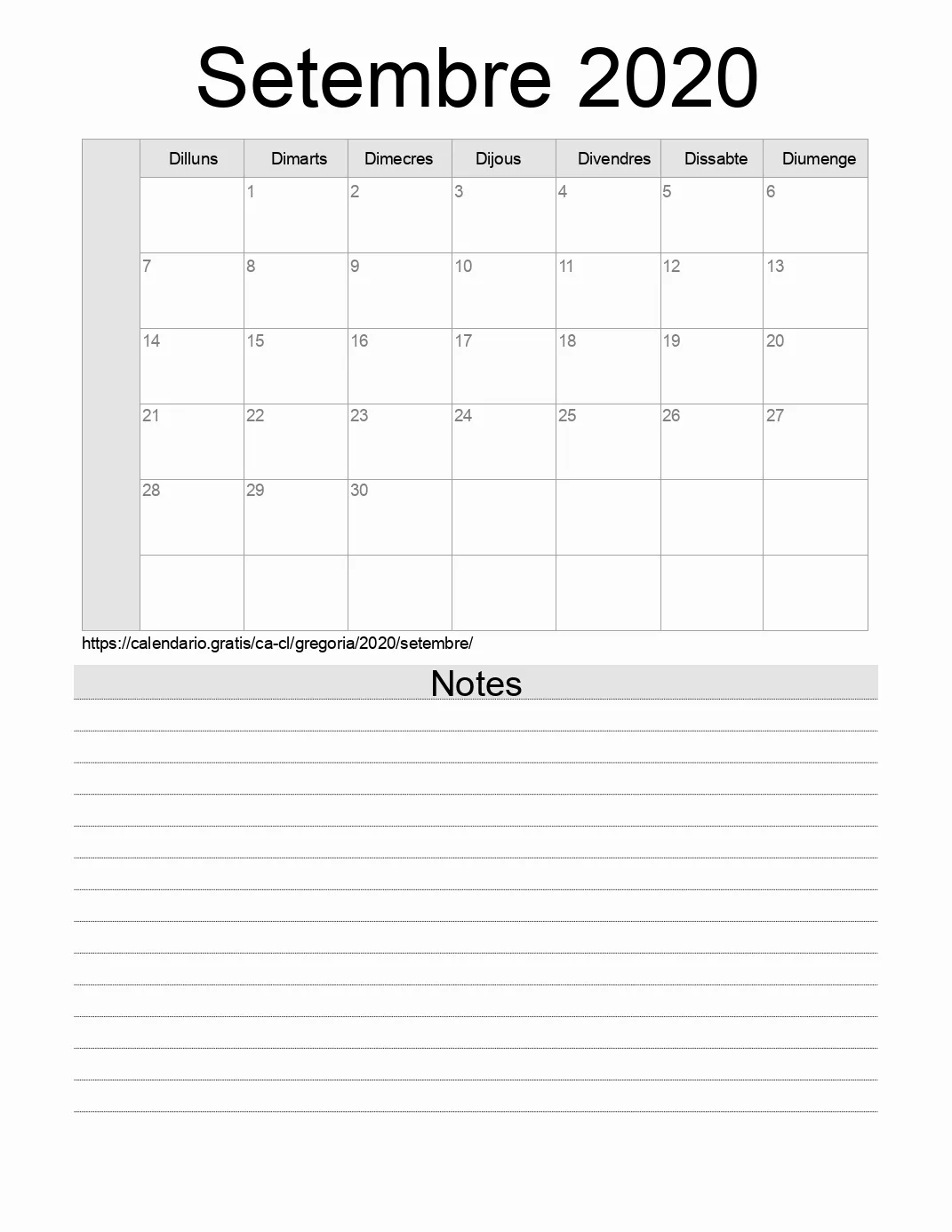 Calendari de Setembre 2020 per imprimir amb notes. (Xile) Calendari de Setembre 2020 per imprimir amb notes. (Xile)