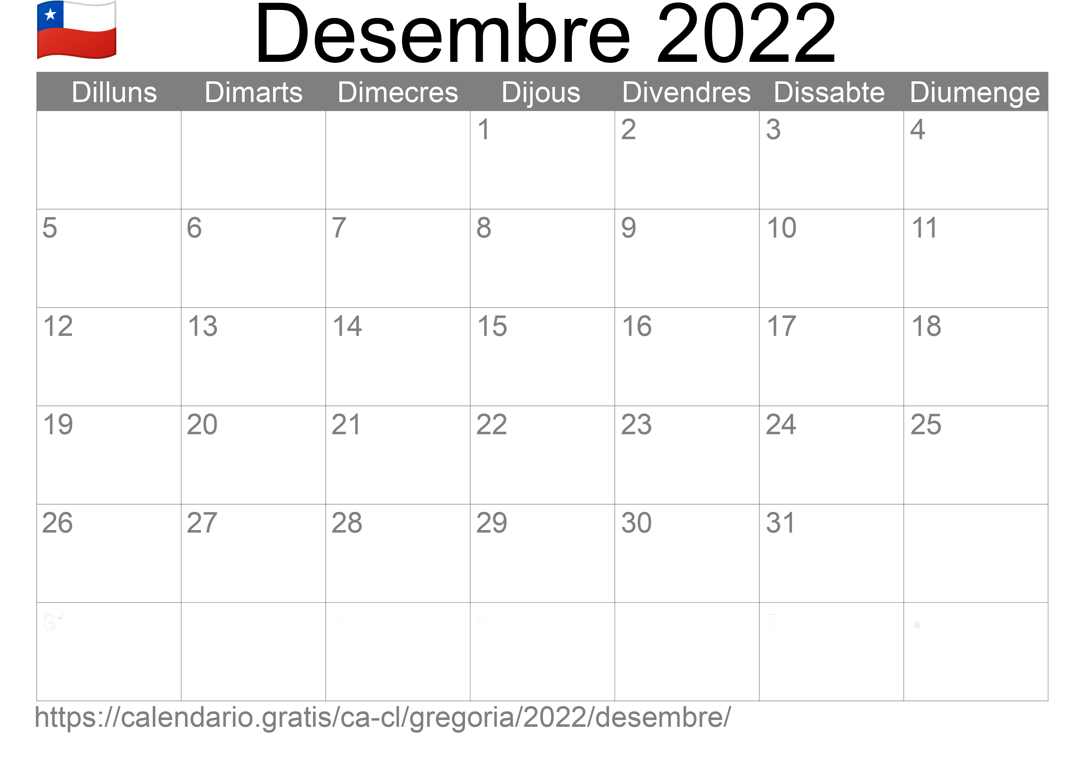 Calendari Desembre 2022 per imprimir