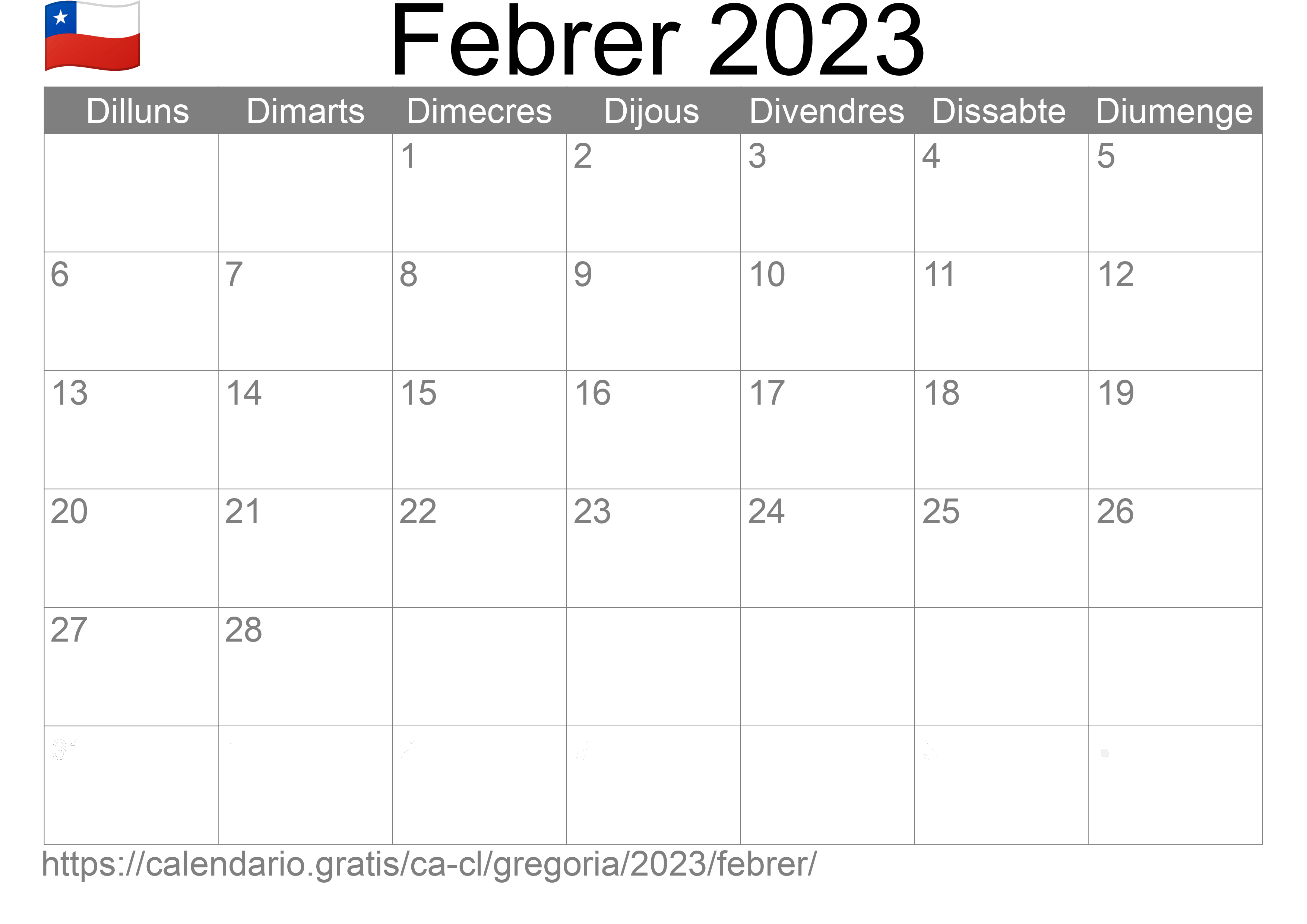 Calendari Febrer 2023 per imprimir