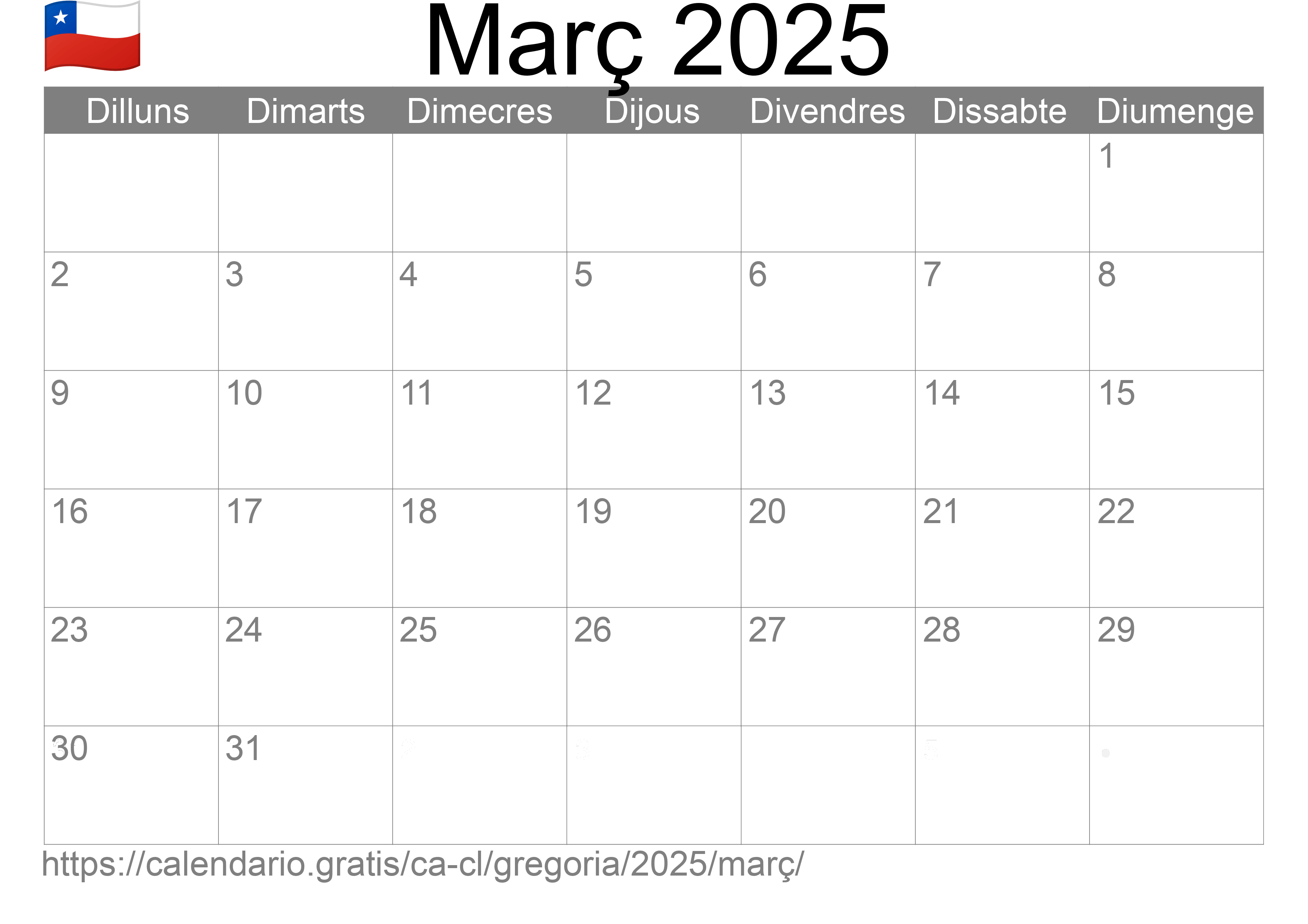 Calendari Març 2025 per imprimir