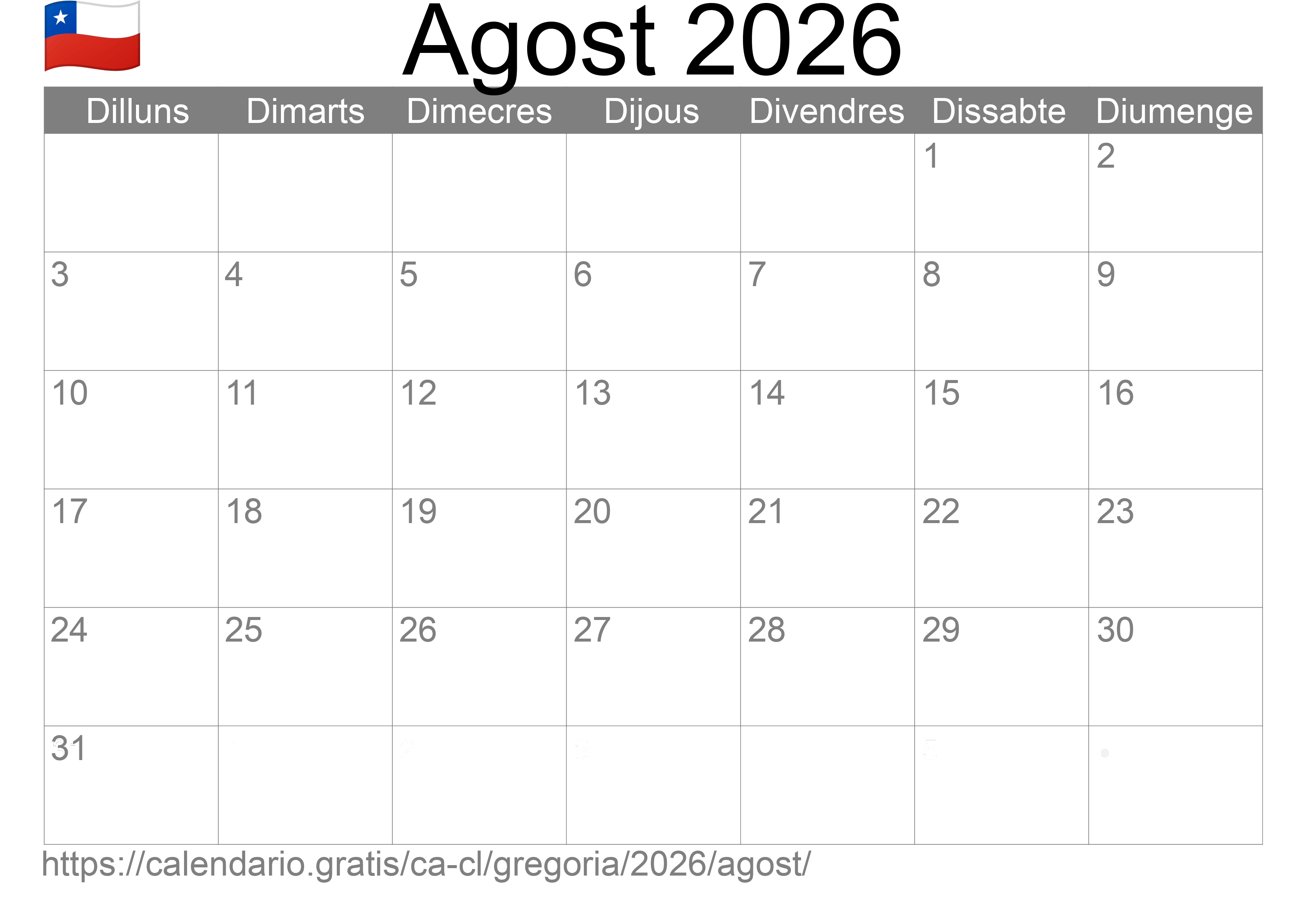 Calendari Agost 2026 per imprimir