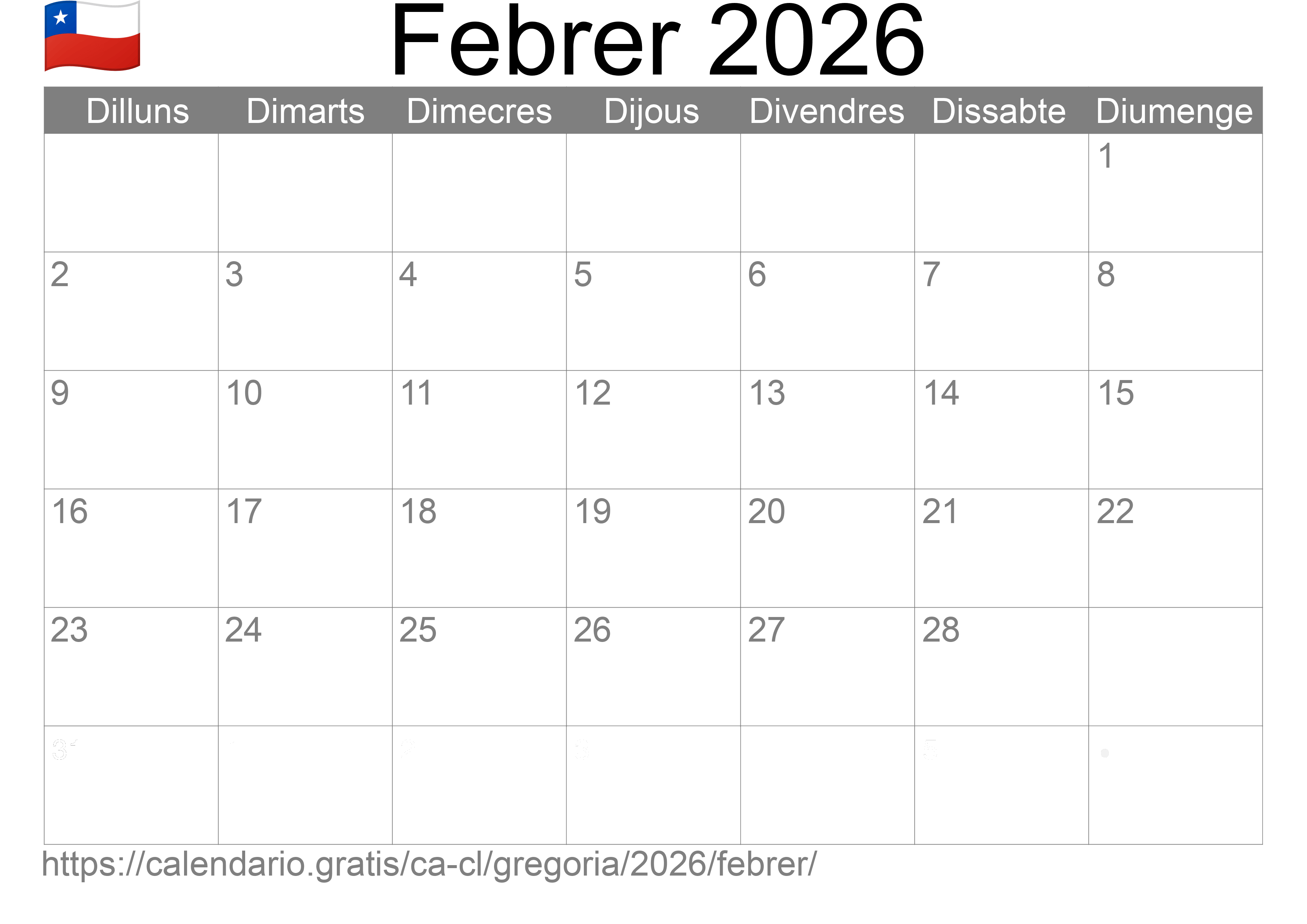 Calendari Febrer 2026 per imprimir