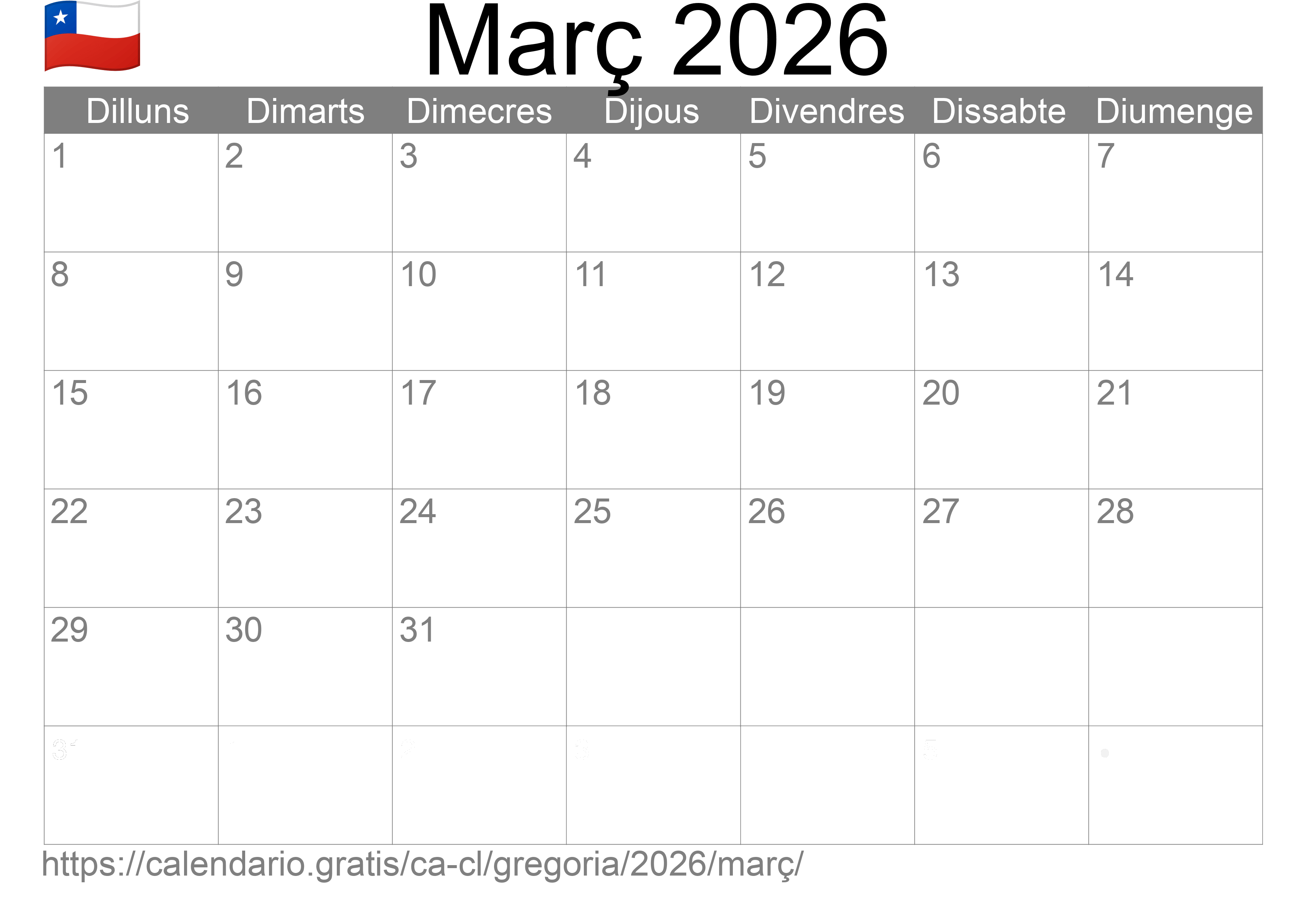 Calendari Març 2026 per imprimir