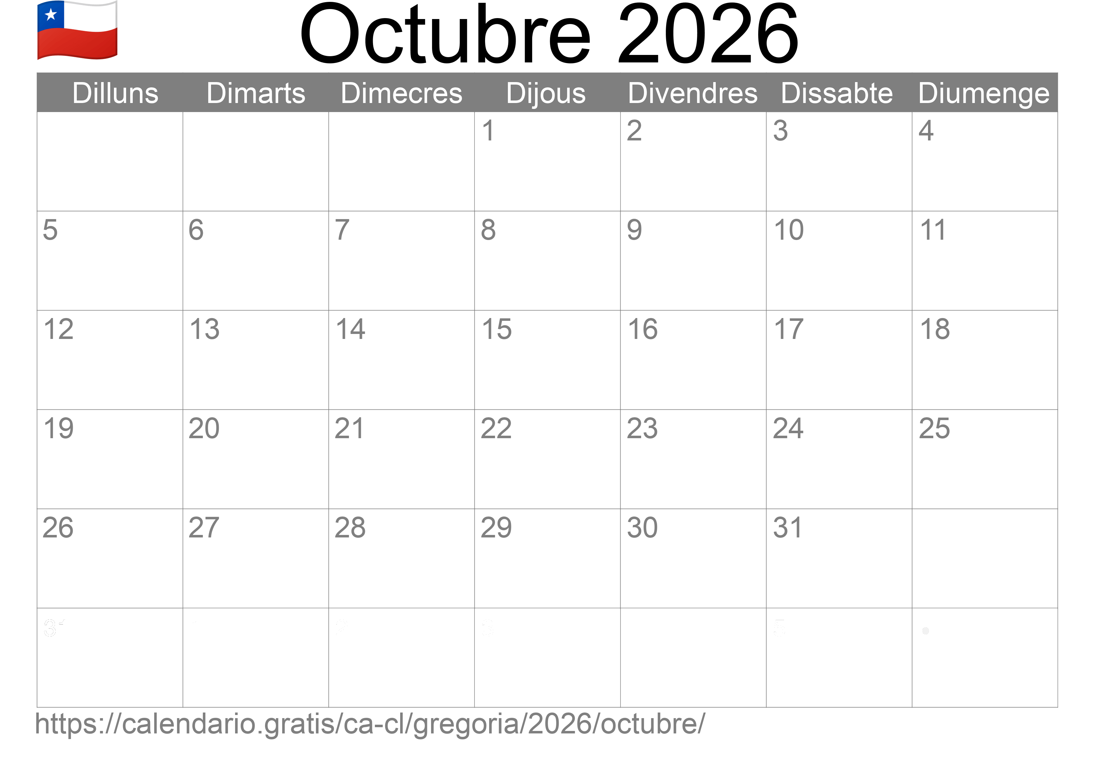 Calendari Octubre 2026 per imprimir