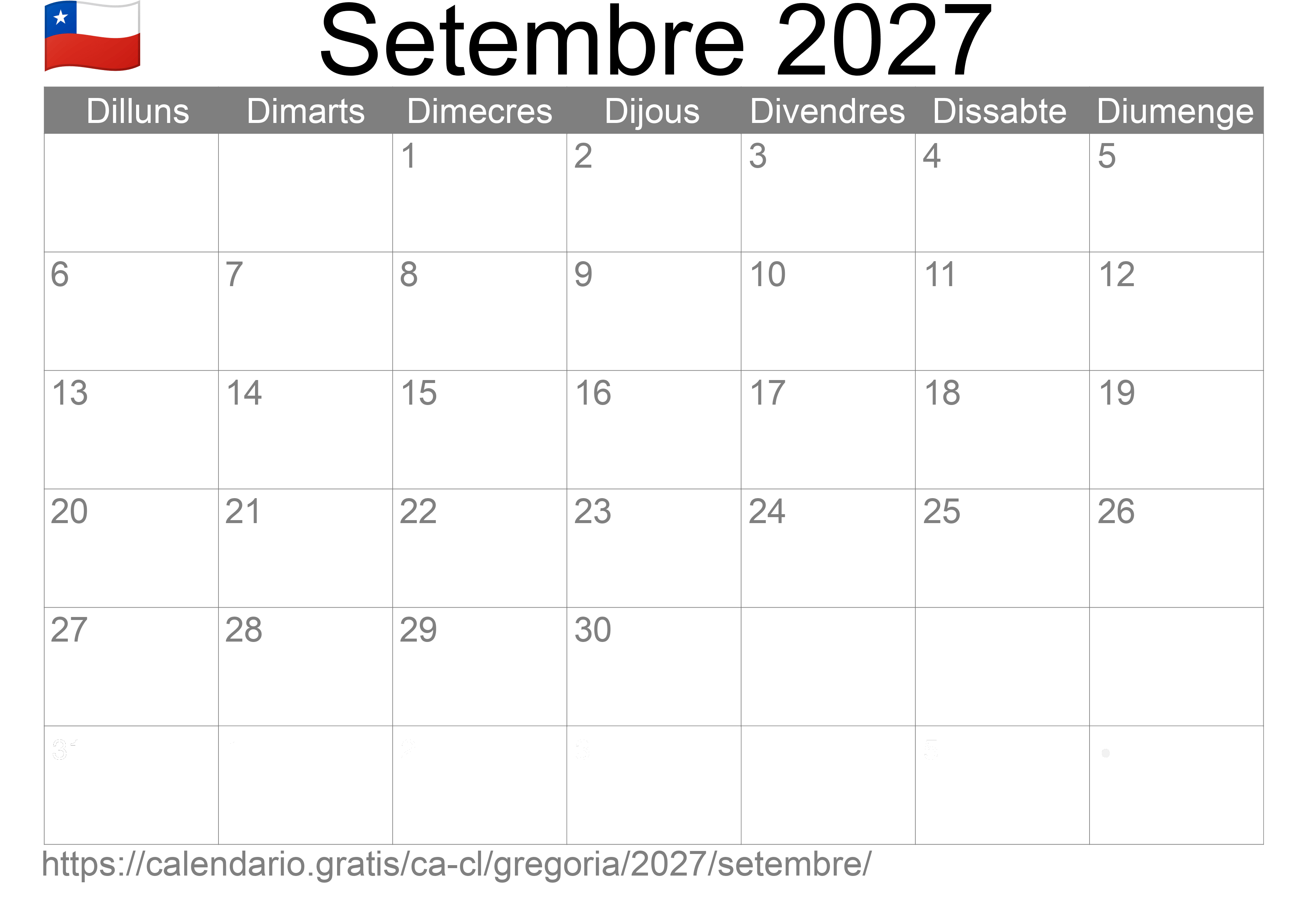 Calendari Setembre 2027 per imprimir