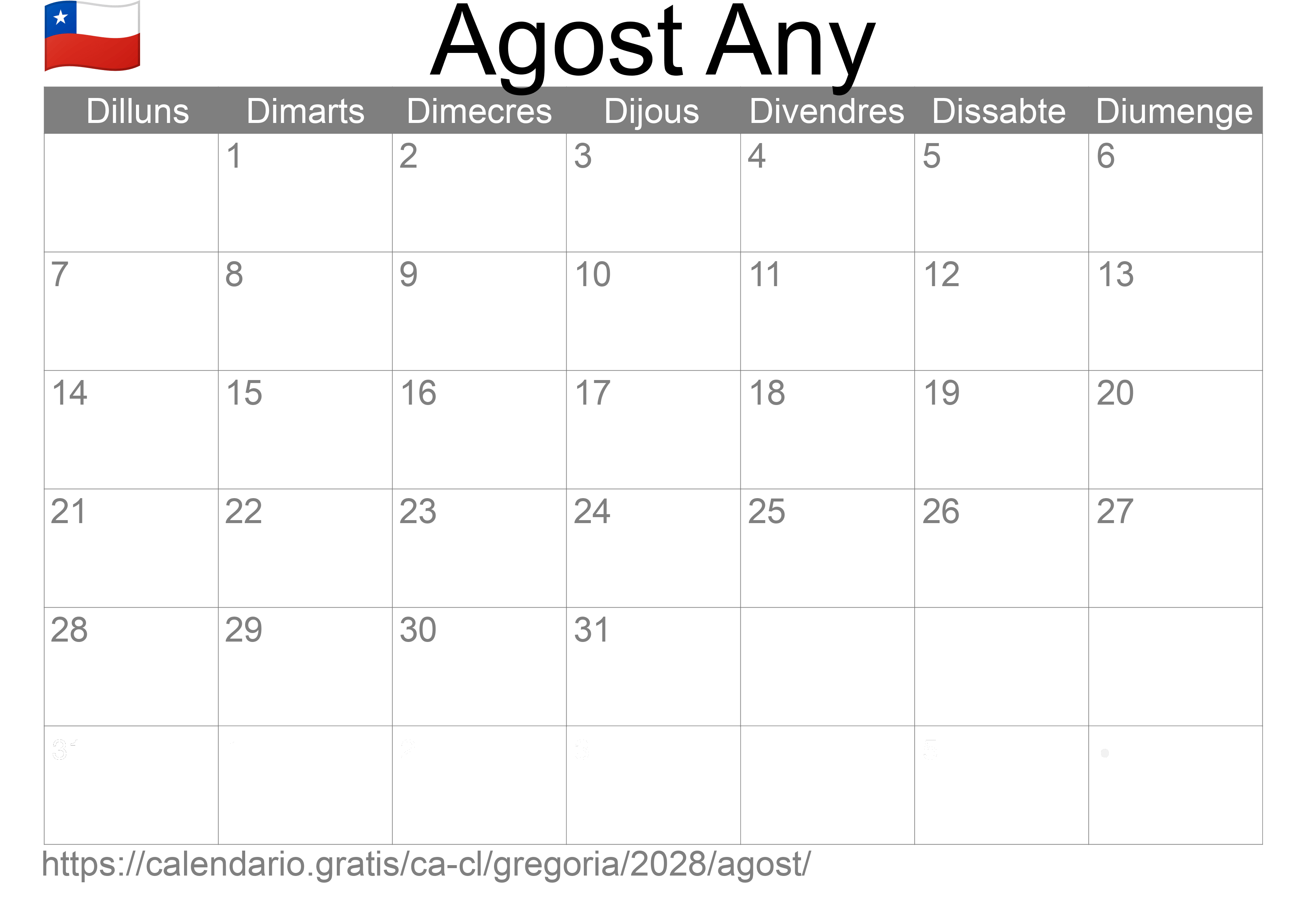 Calendari Agost 2028 per imprimir