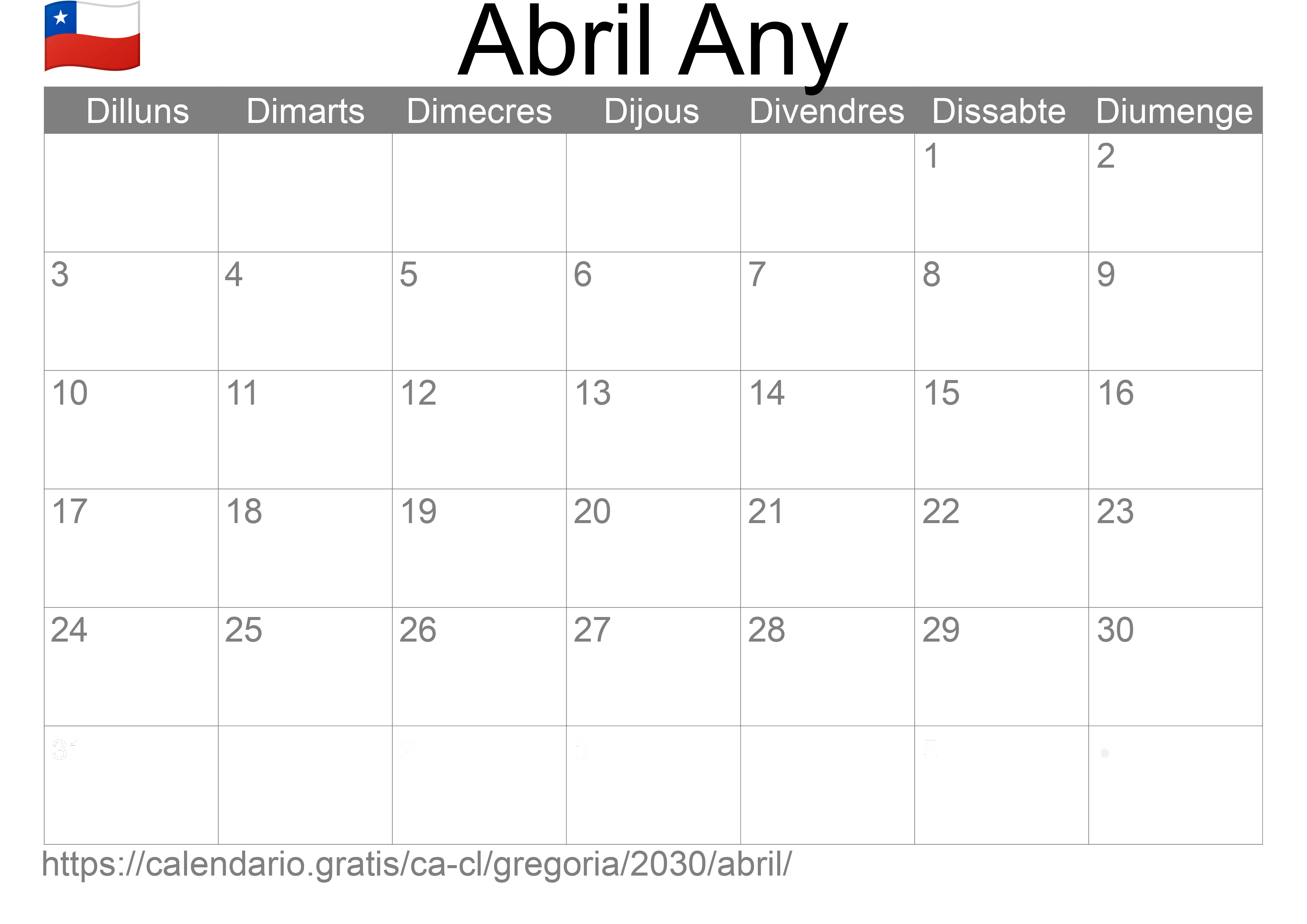 Calendari Abril 2030 per imprimir