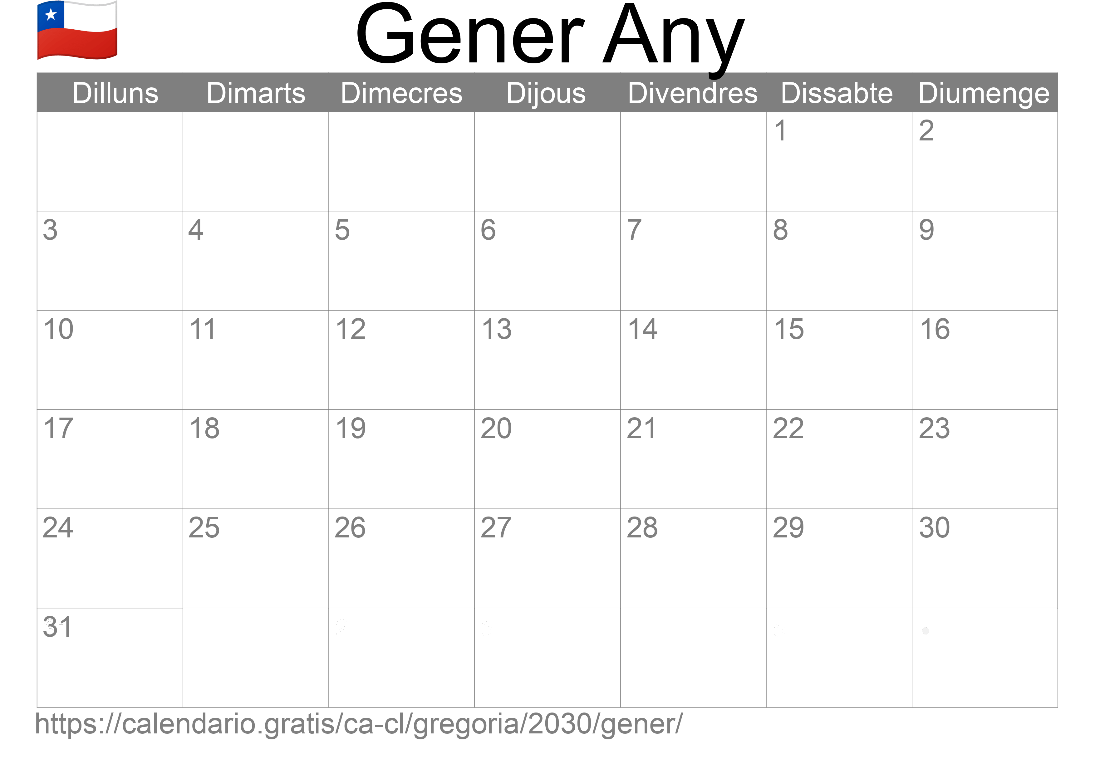 Calendari Gener 2030 per imprimir