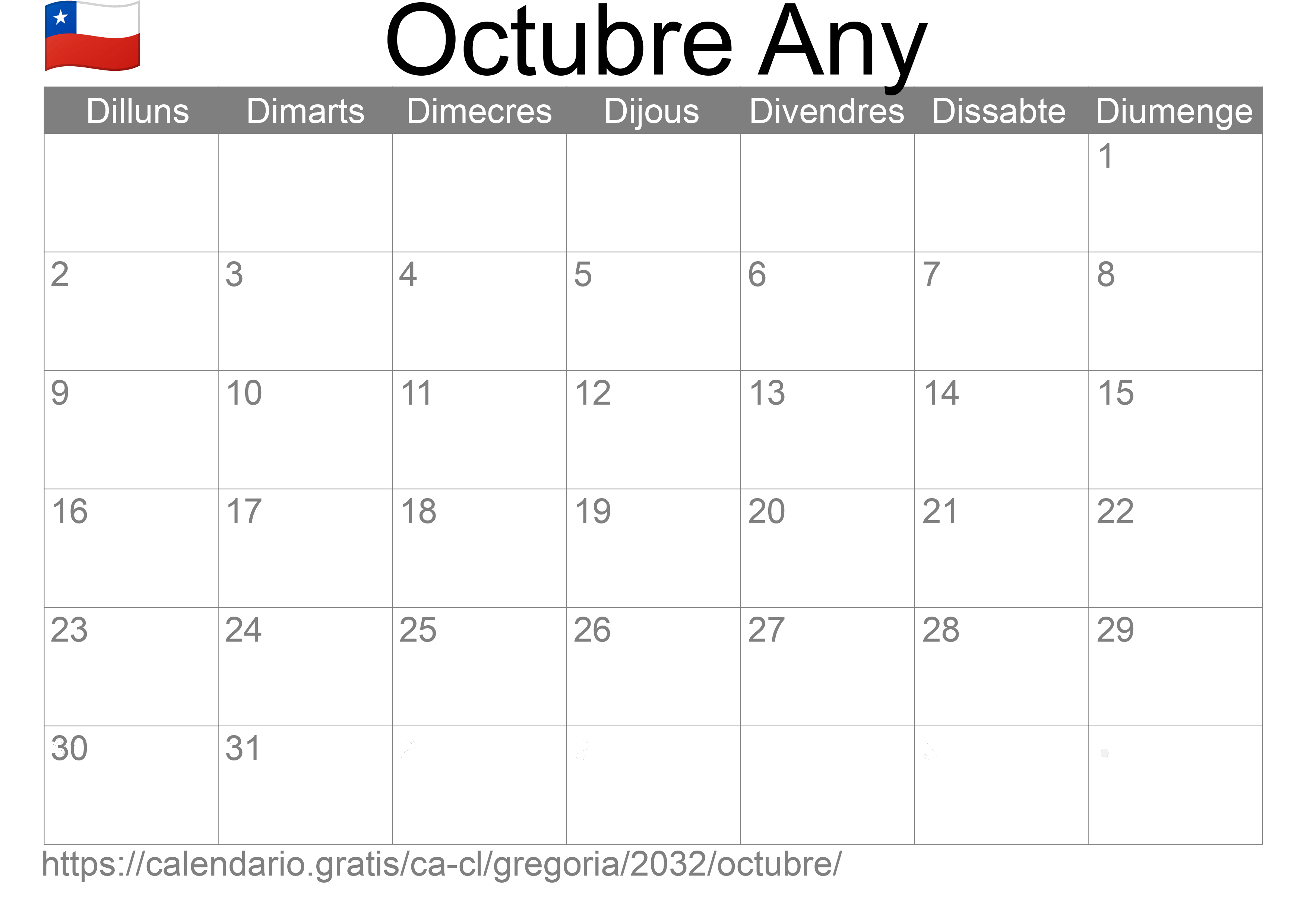 Calendari Octubre 2032 per imprimir