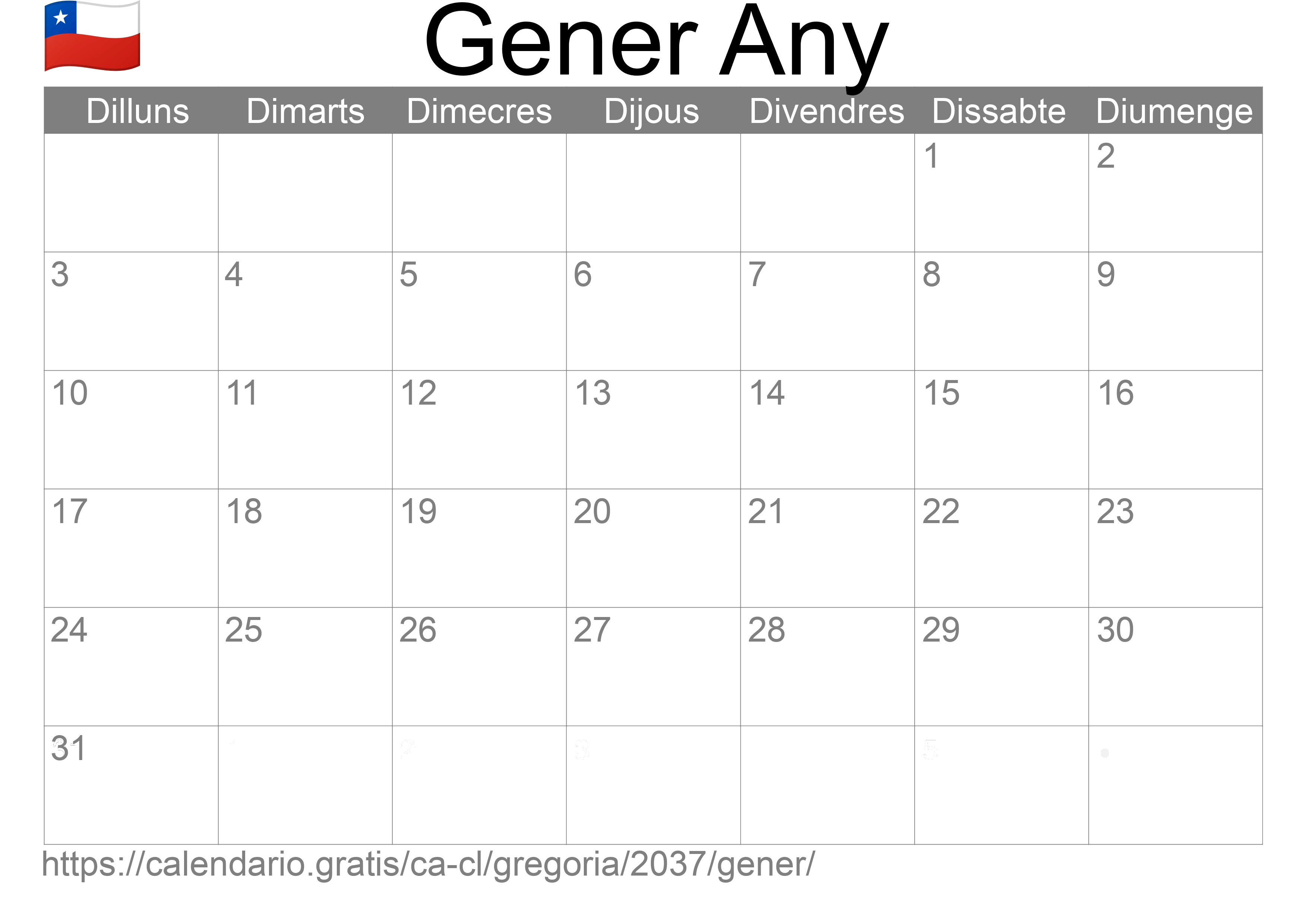 Calendari Gener 2037 per imprimir