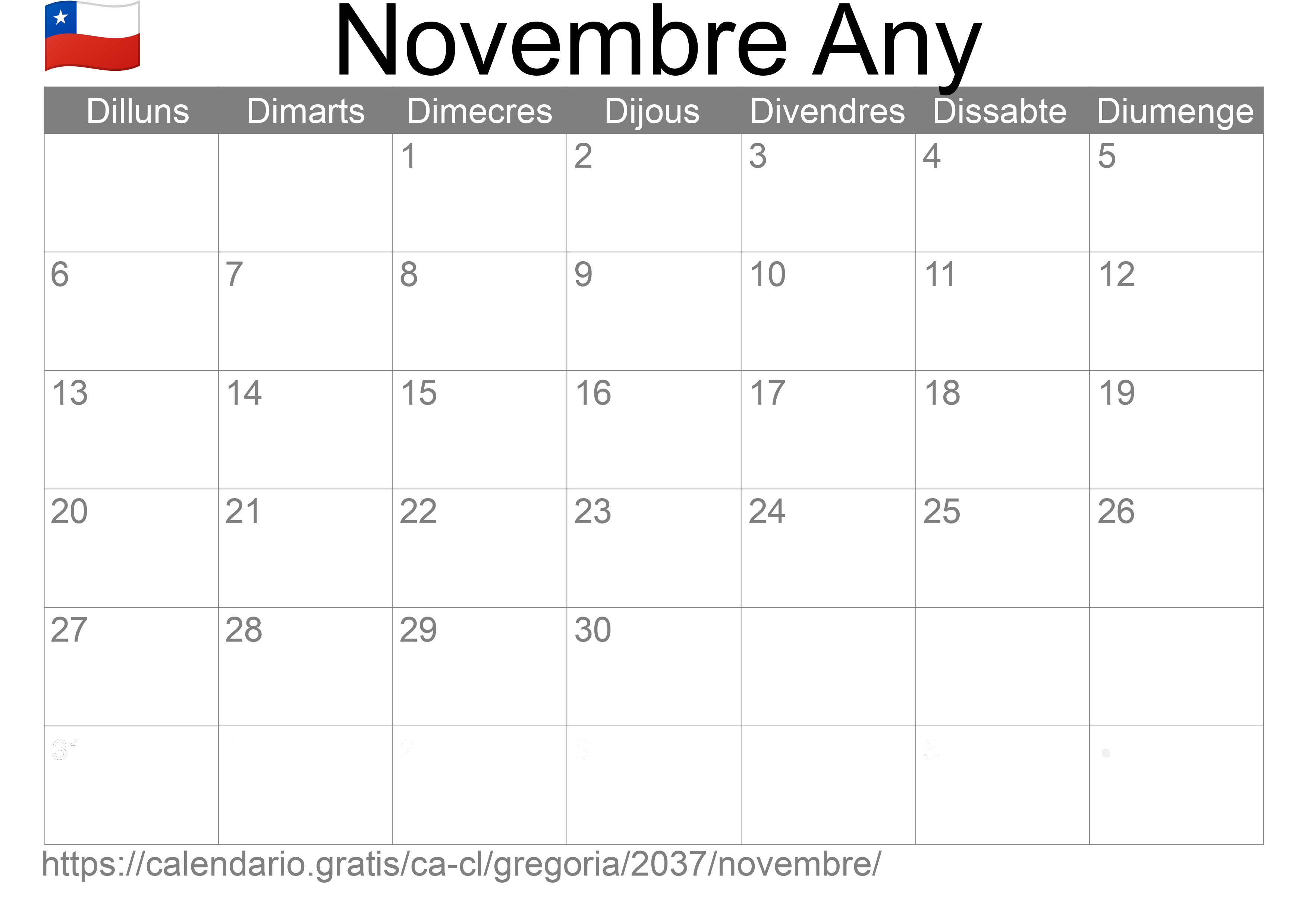 Calendari Novembre 2037 per imprimir