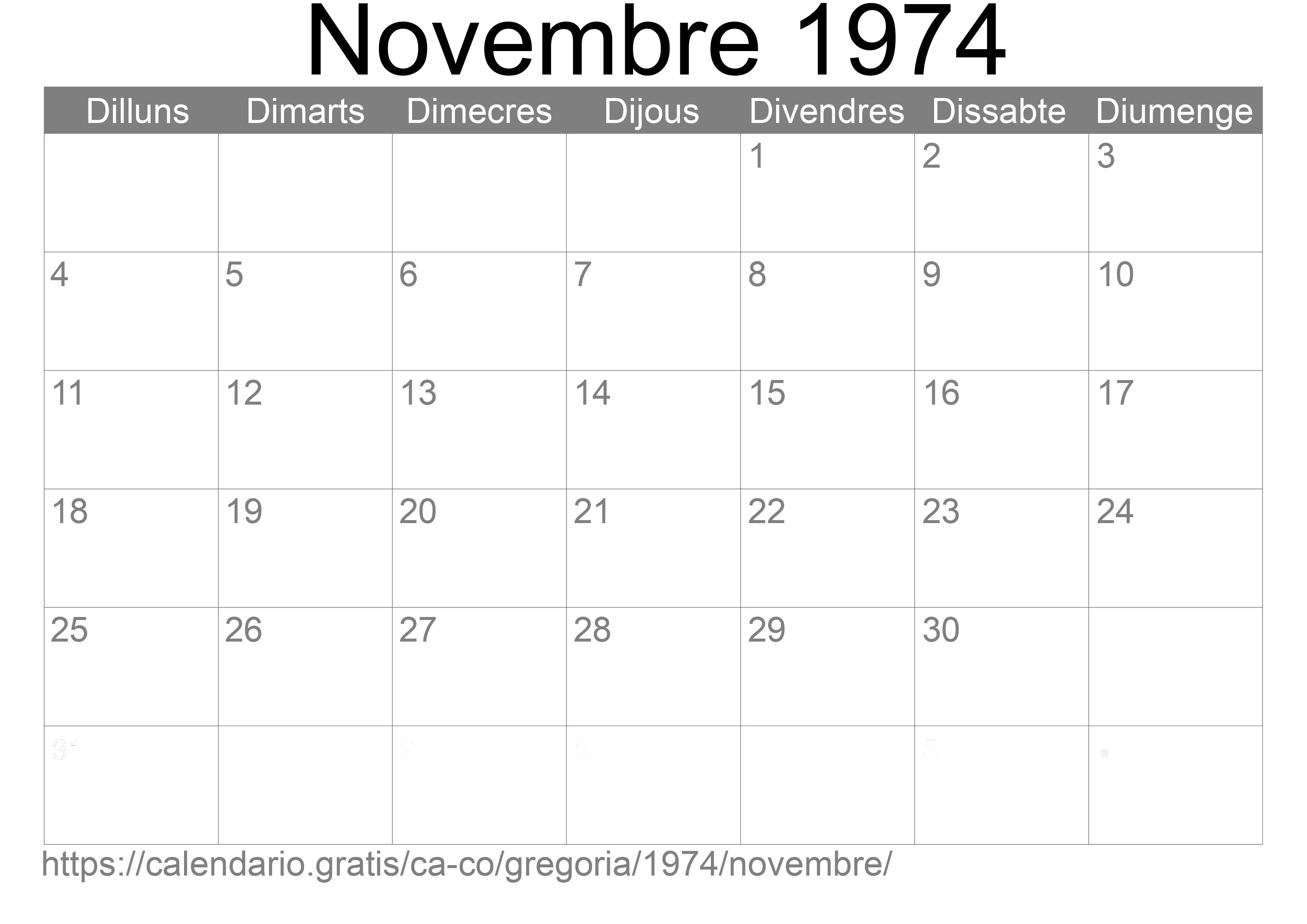 Calendari Novembre 1974 per imprimir (Colòmbia)