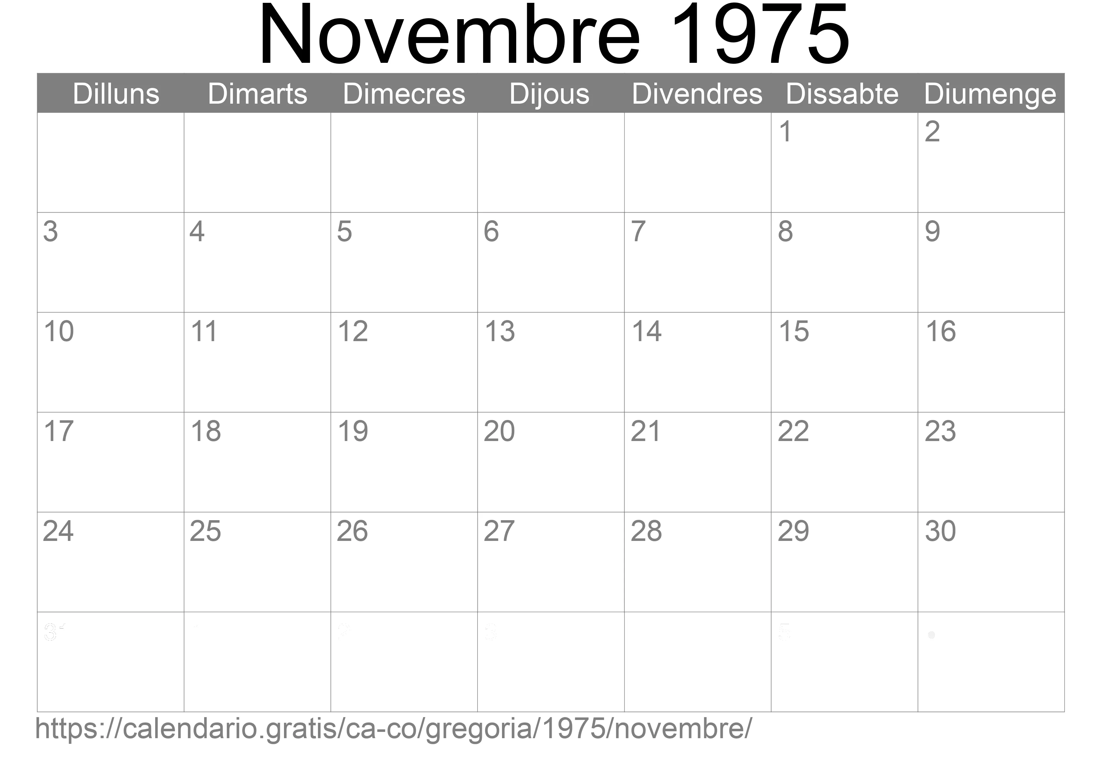 Calendari Novembre 1975 per imprimir (Colòmbia)