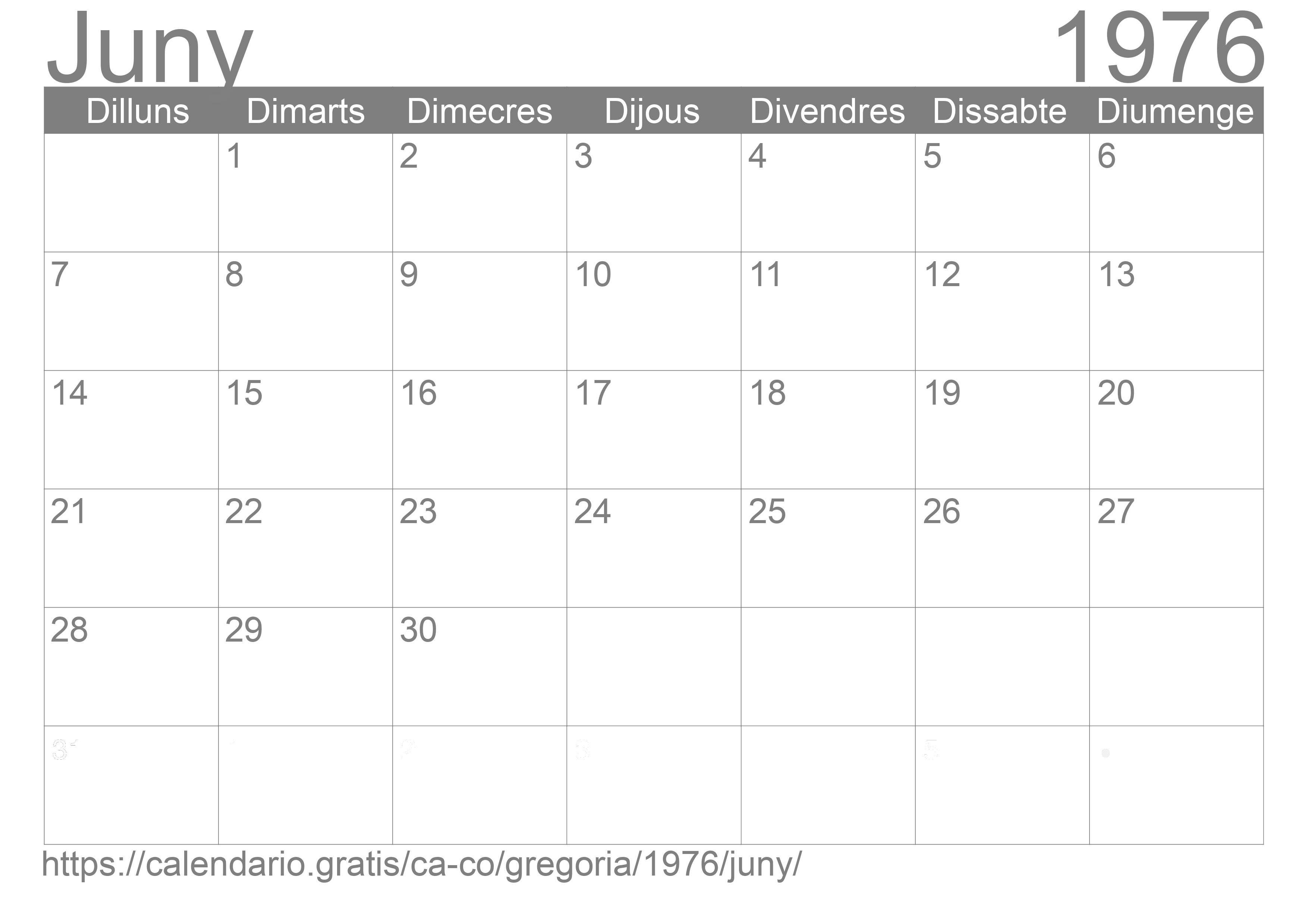 Calendari Juny 1976 per imprimir