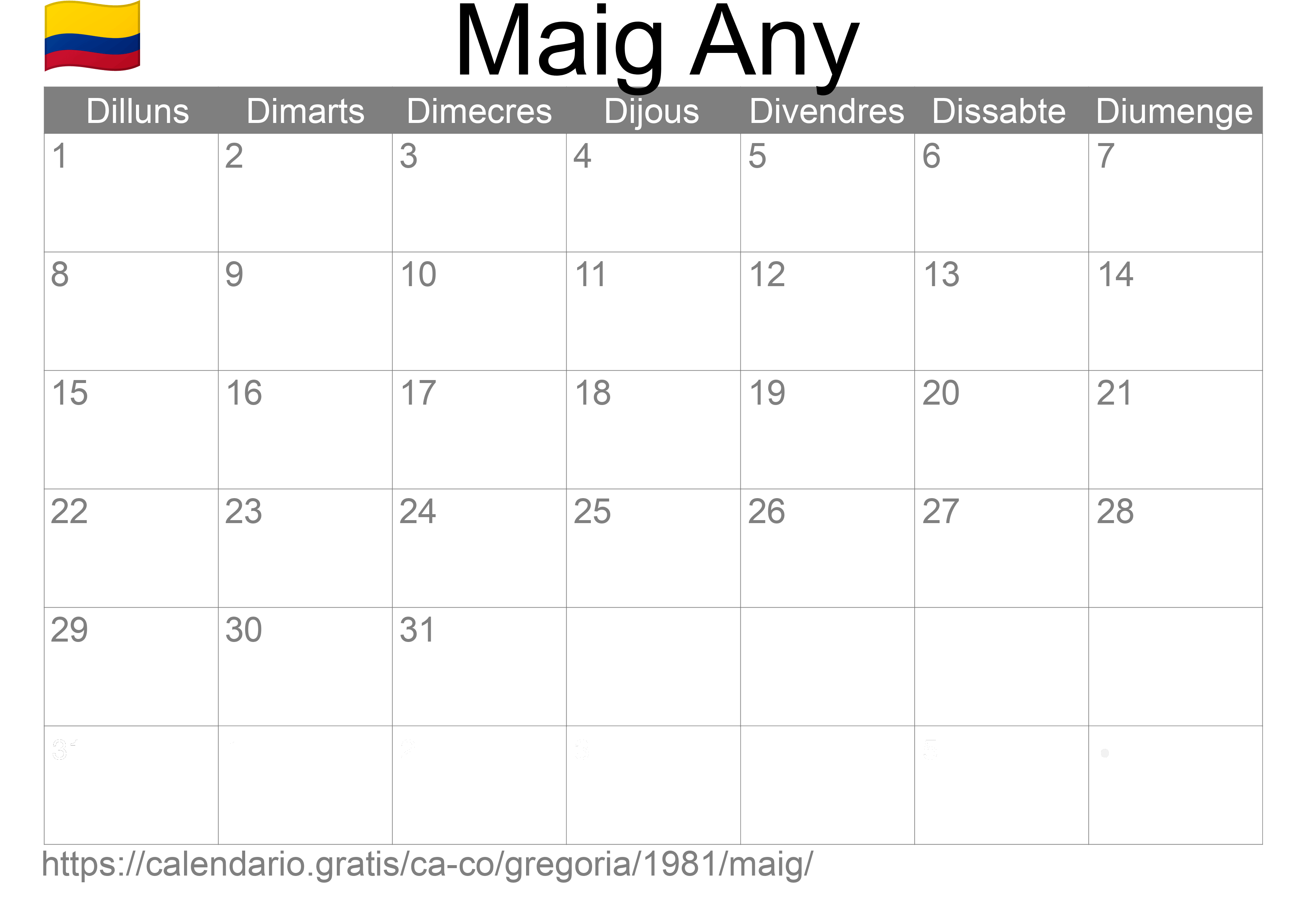 Calendari Maig 1981 per imprimir