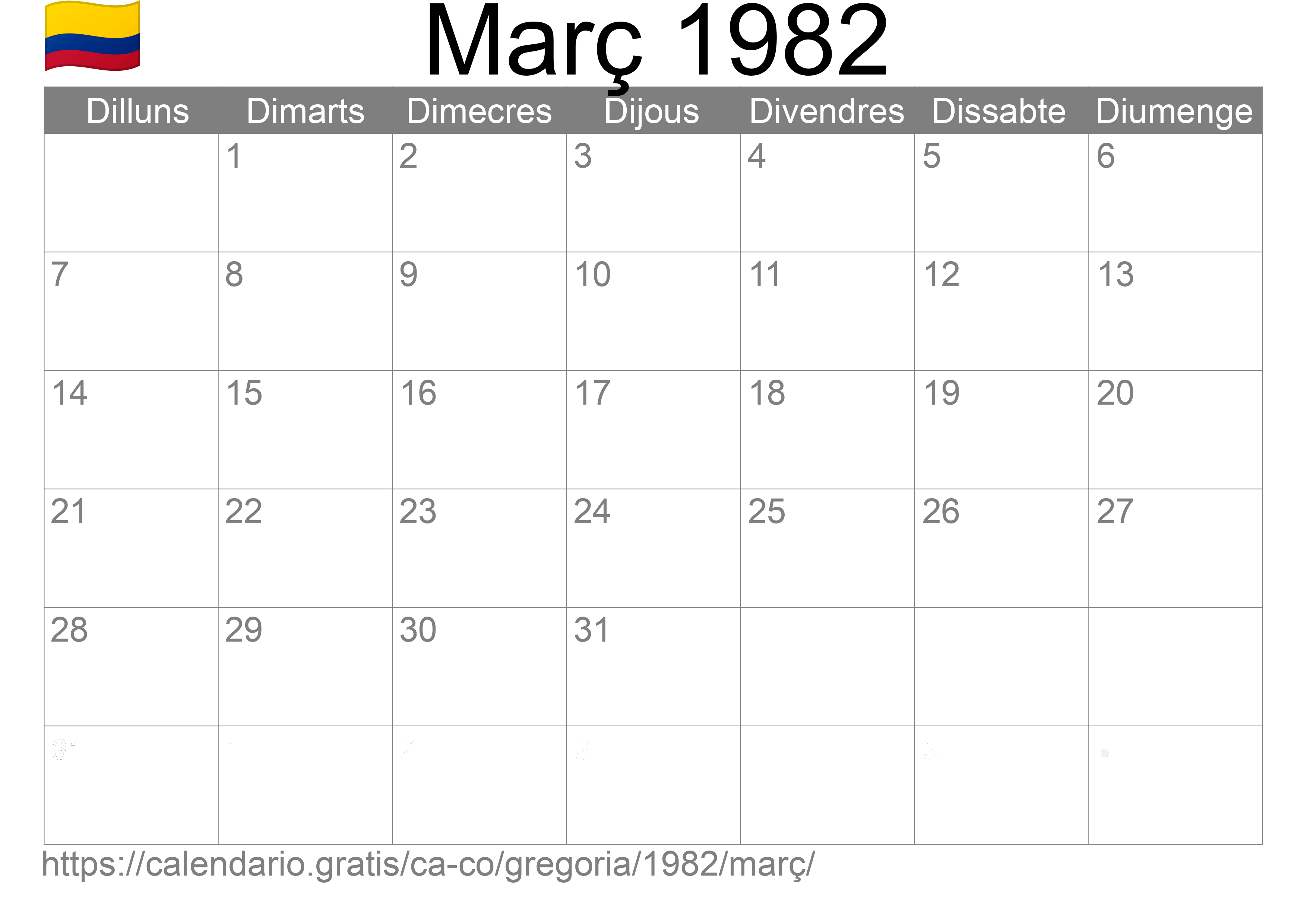 Calendari Març 1982 per imprimir