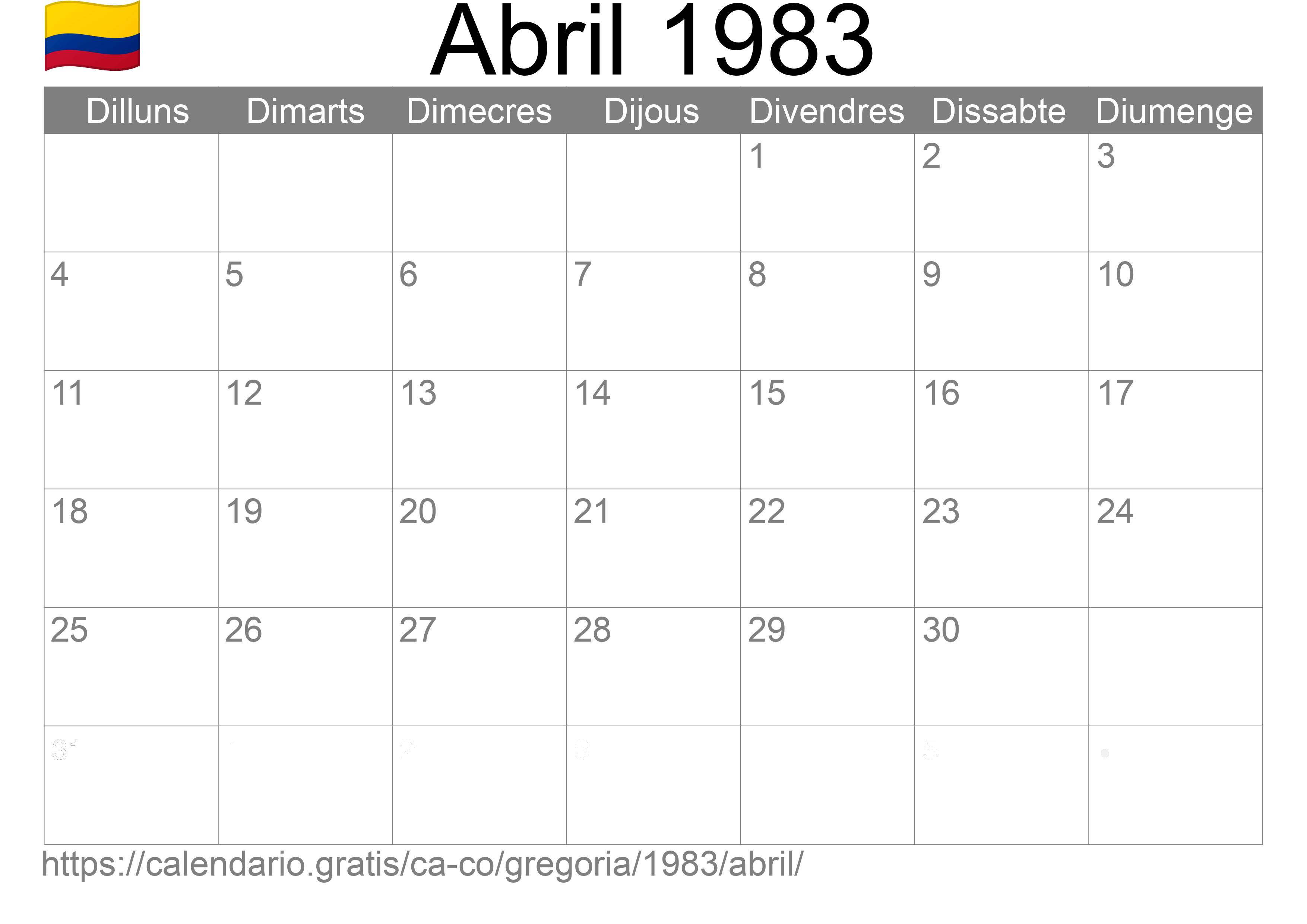 Calendari Abril 1983 per imprimir