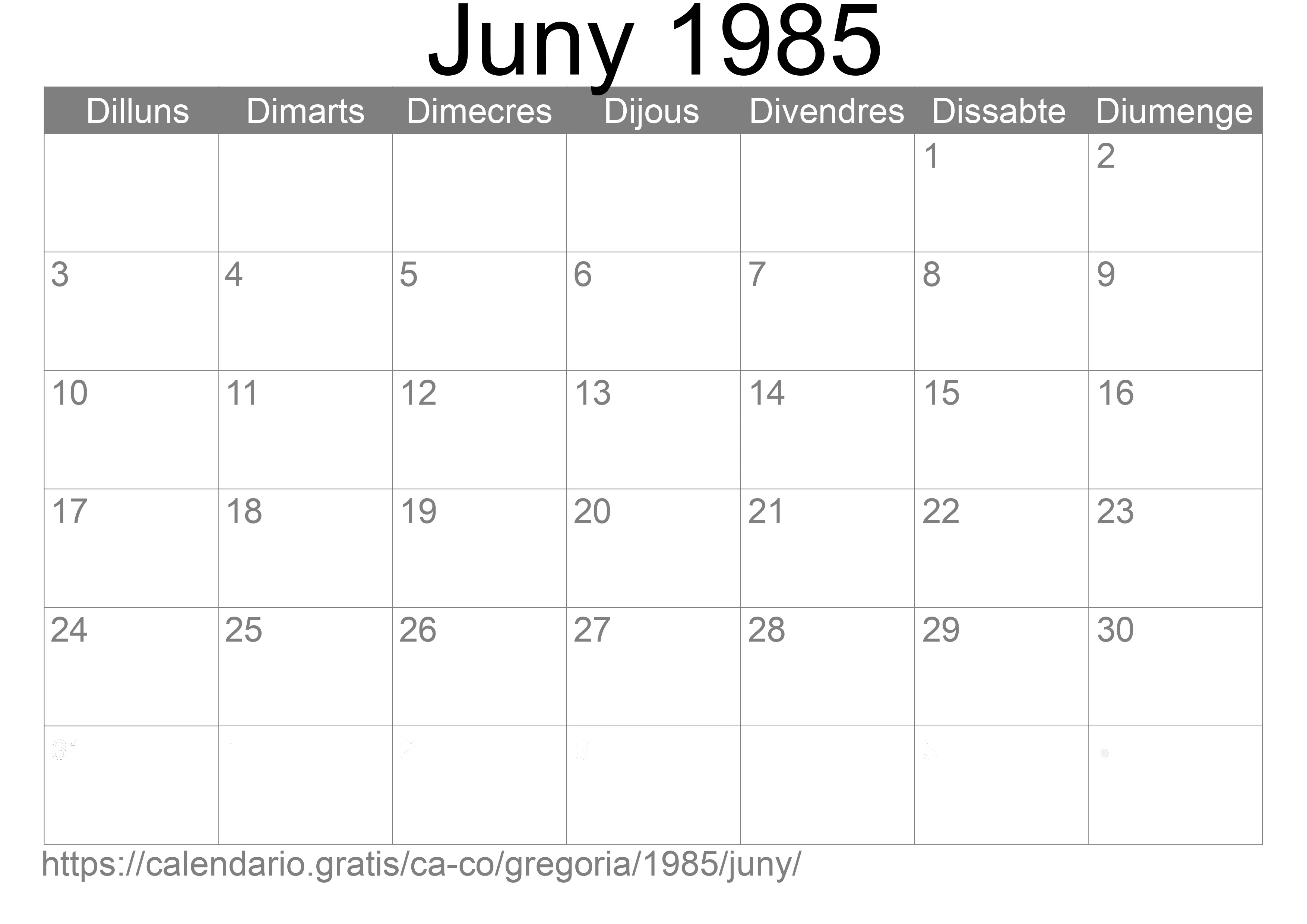 Calendari Juny 1985 per imprimir (Colòmbia)