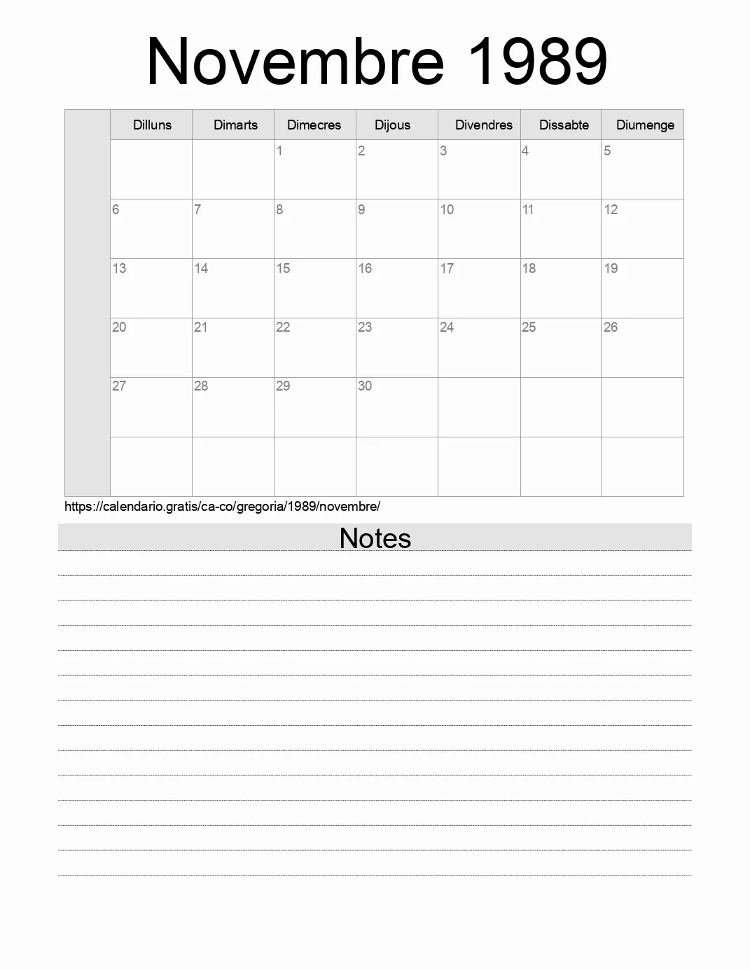 Calendari de Novembre 1989 per imprimir amb notes. (Colòmbia)