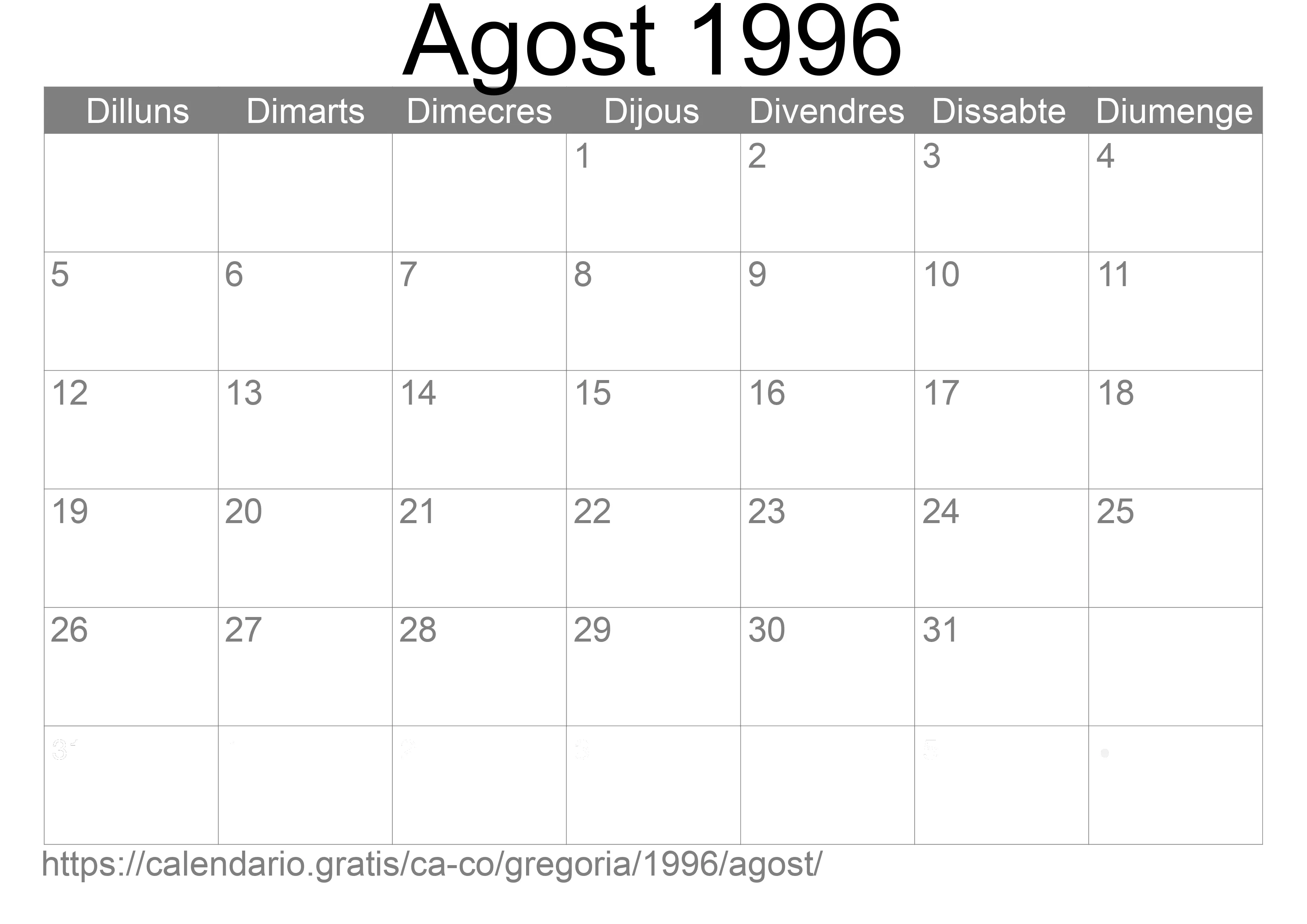 Calendari Agost 1996 per imprimir (Colòmbia) Calendari Agost 1996 per imprimir (Colòmbia)