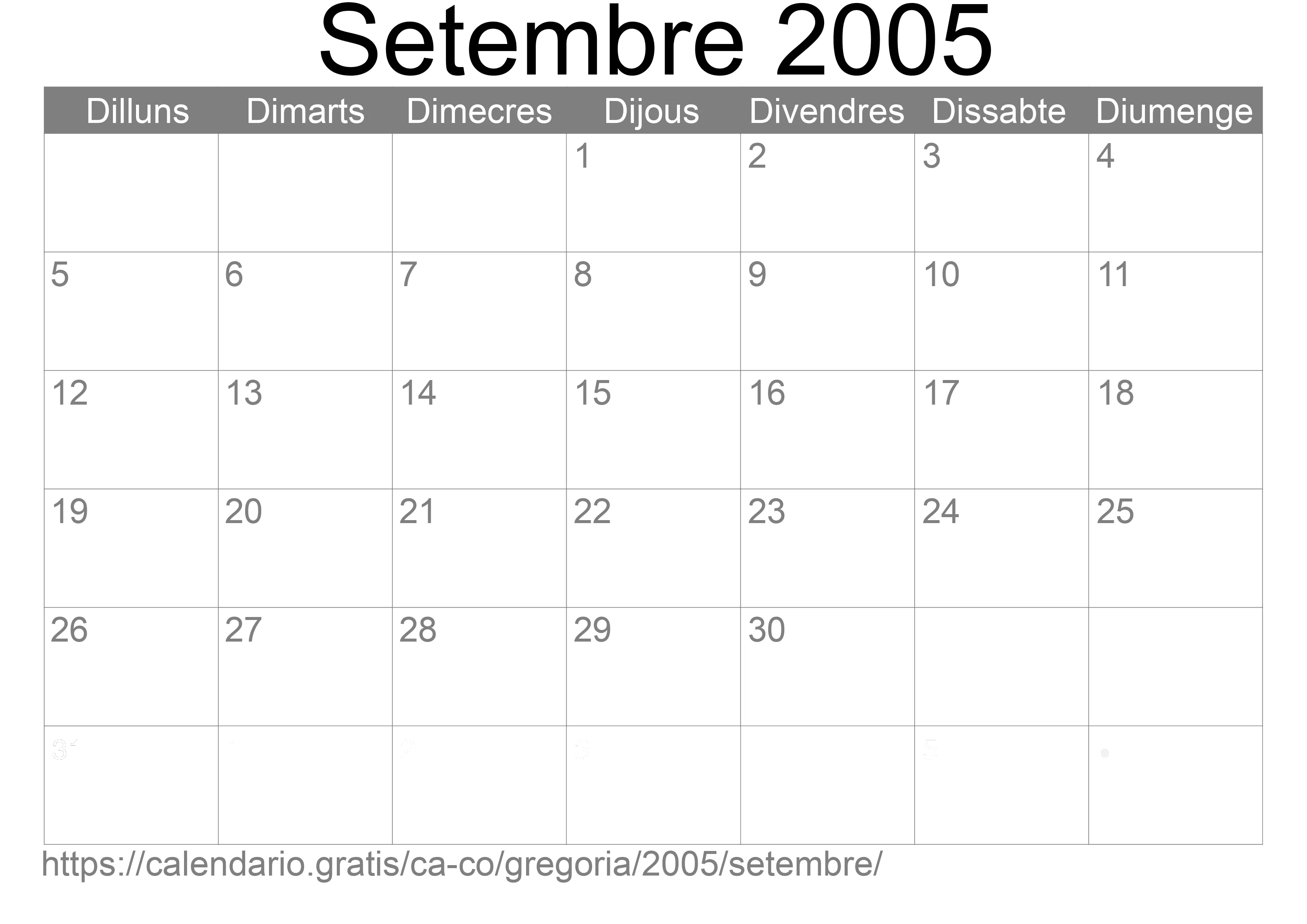 Calendari Setembre 2005 per imprimir (Colòmbia)