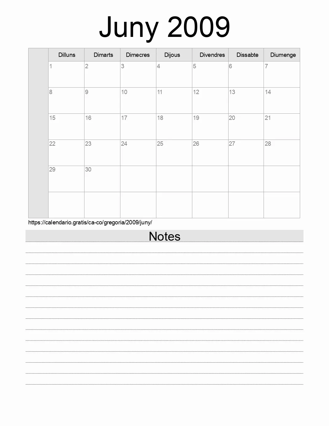 Calendari de Juny 2009 per imprimir amb notes. (Colòmbia)