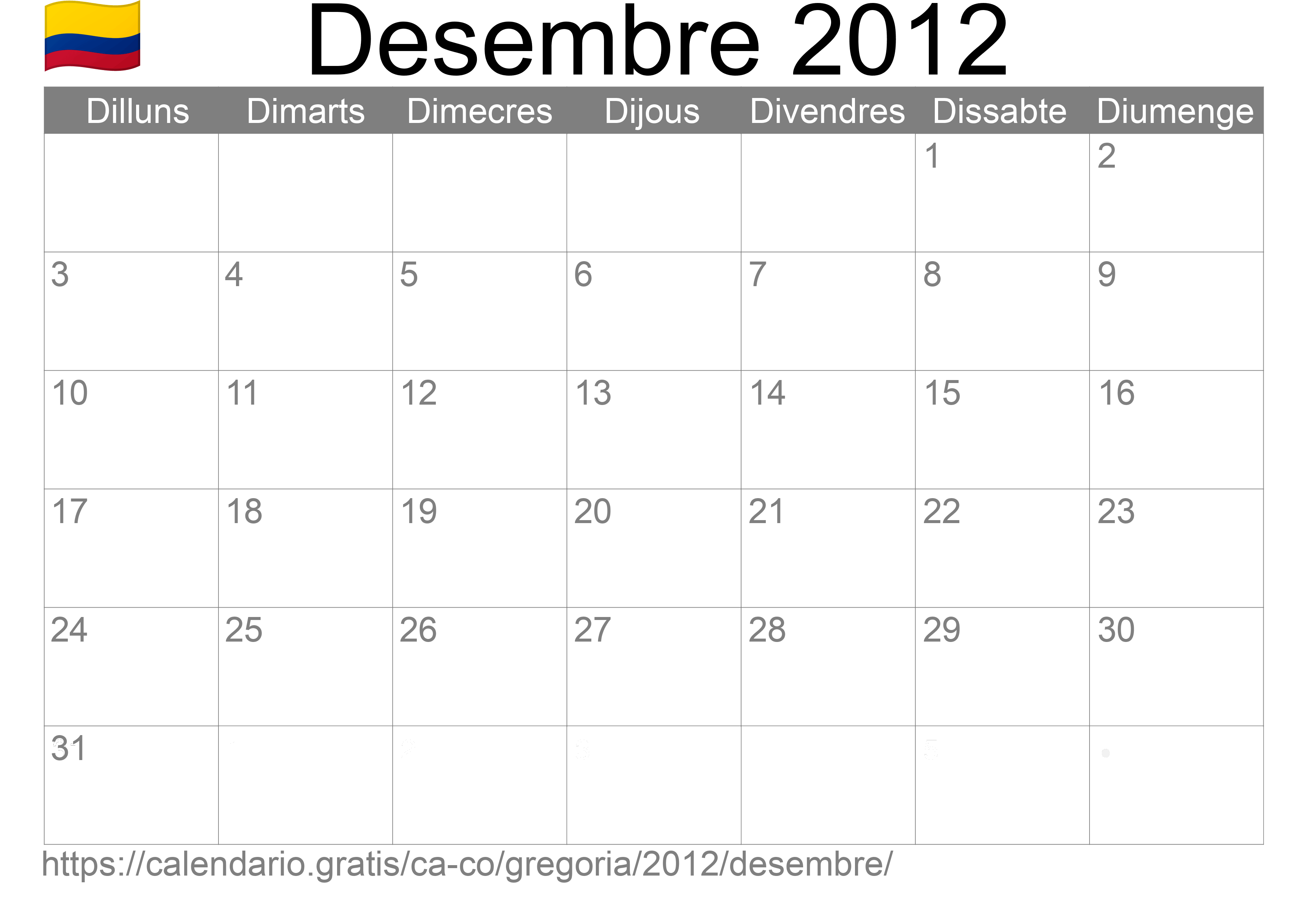 Calendari Desembre 2012 per imprimir