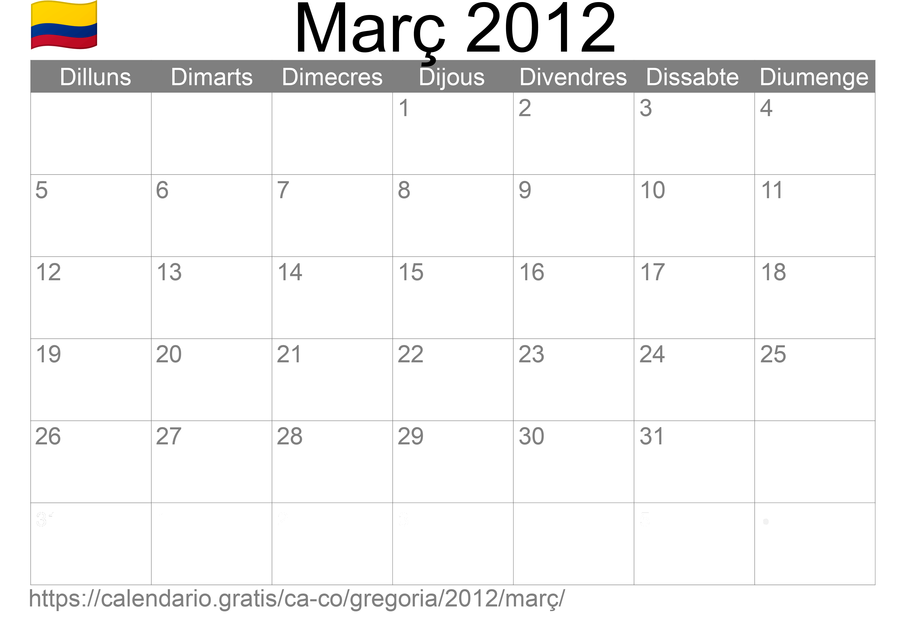 Calendari Març 2012 per imprimir