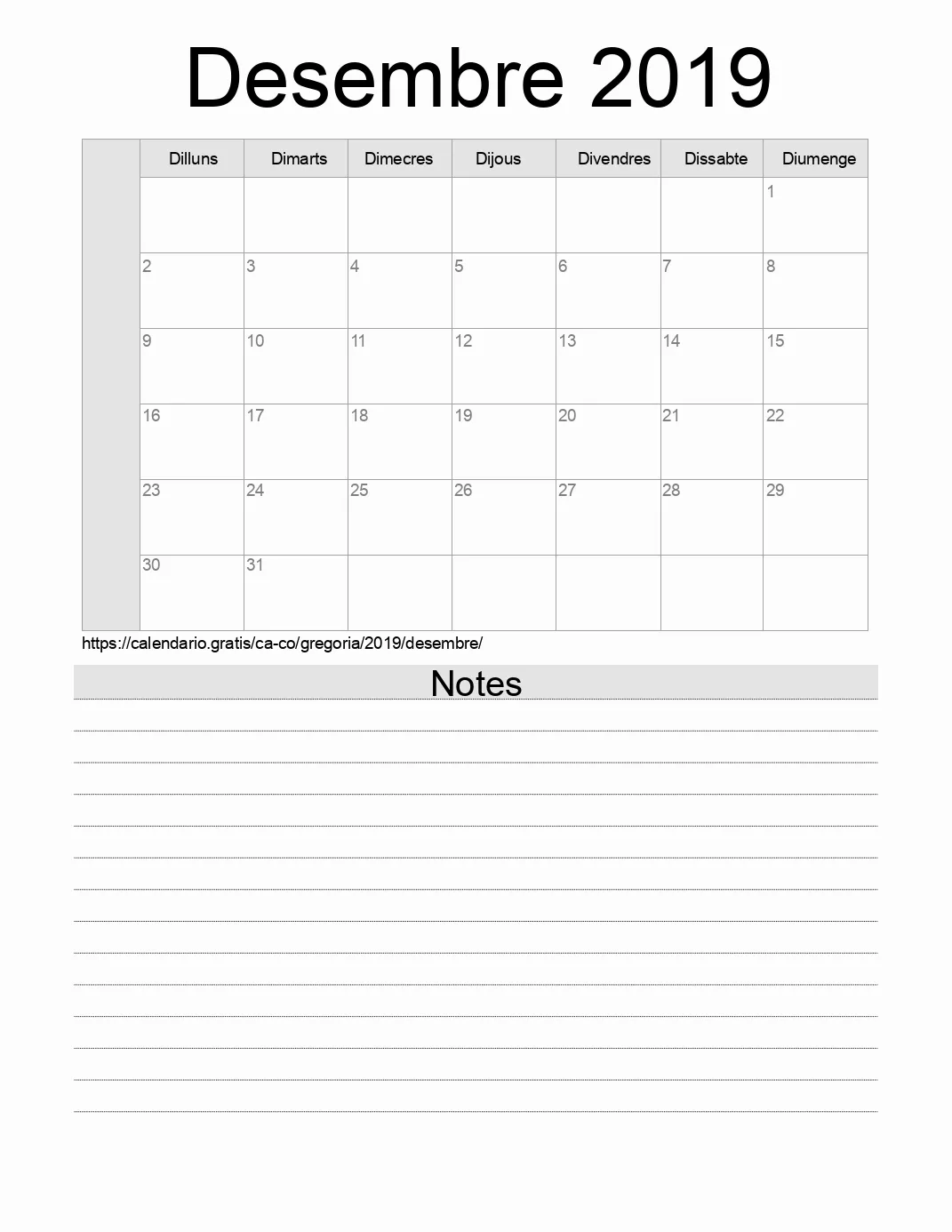 Calendari de Desembre 2019 per imprimir amb notes. (Colòmbia)