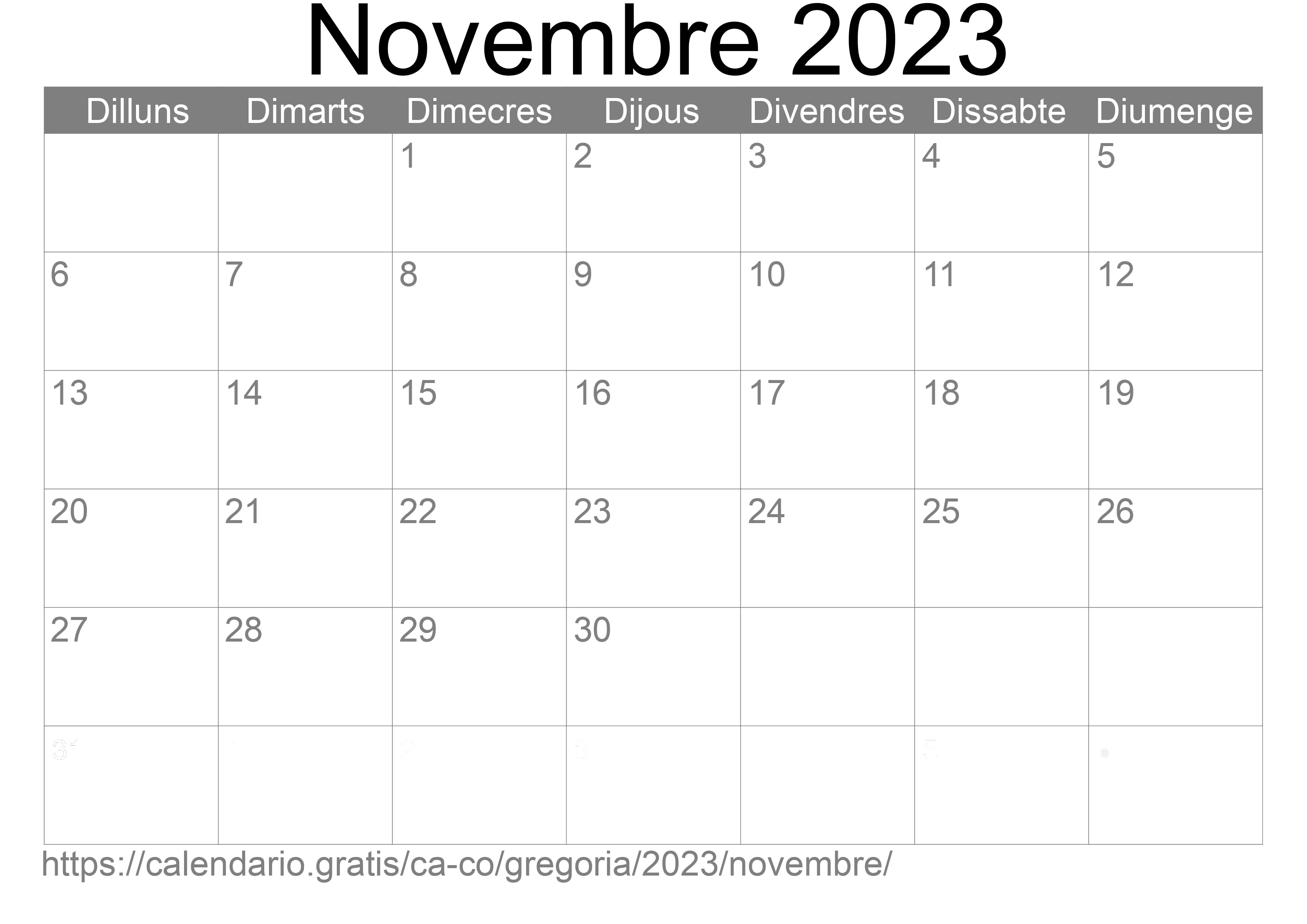 Calendari Novembre 2023 per imprimir (Colòmbia)