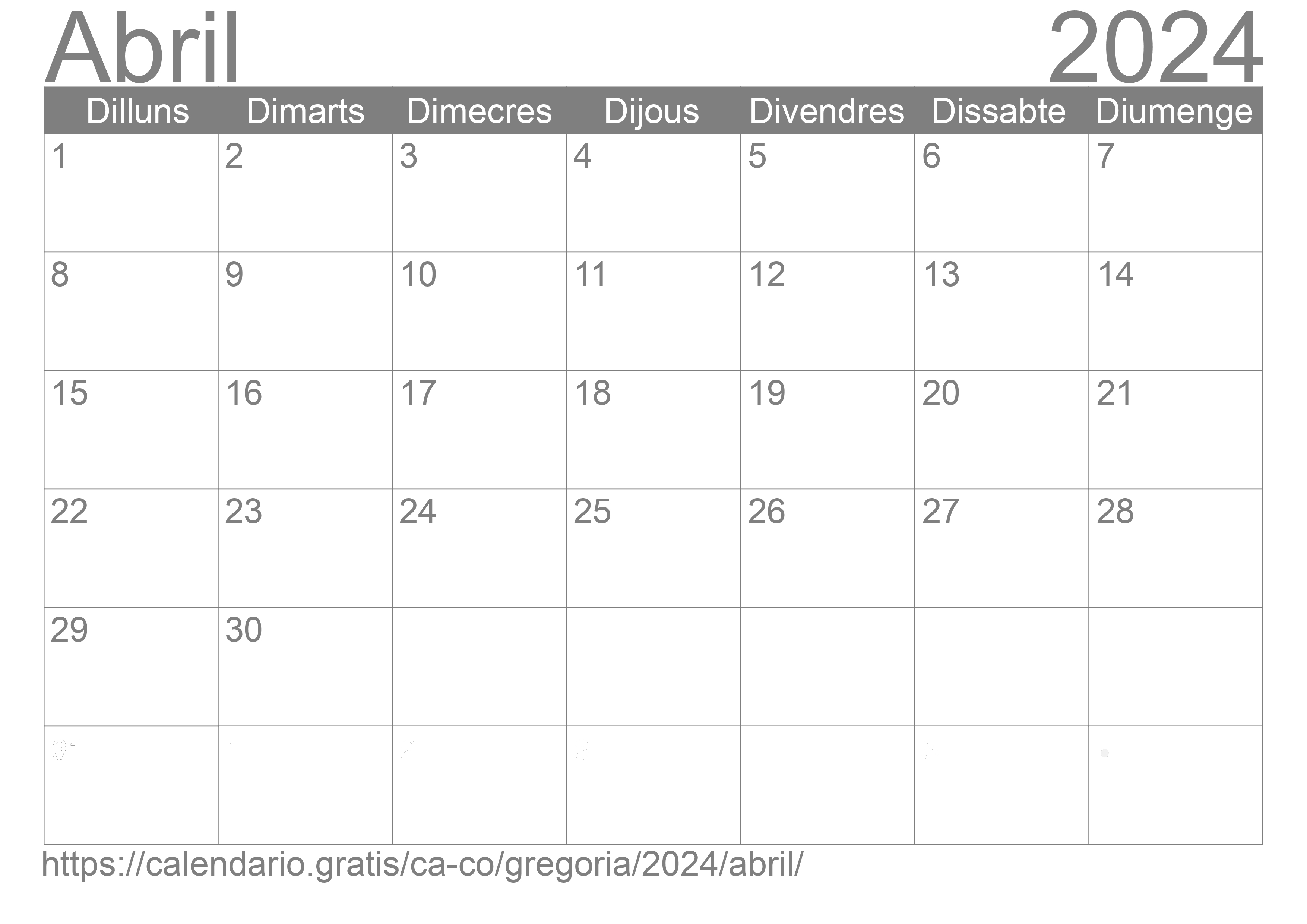 Calendari Abril 2024 d'Colòmbia en Català Festius i fase lunar
