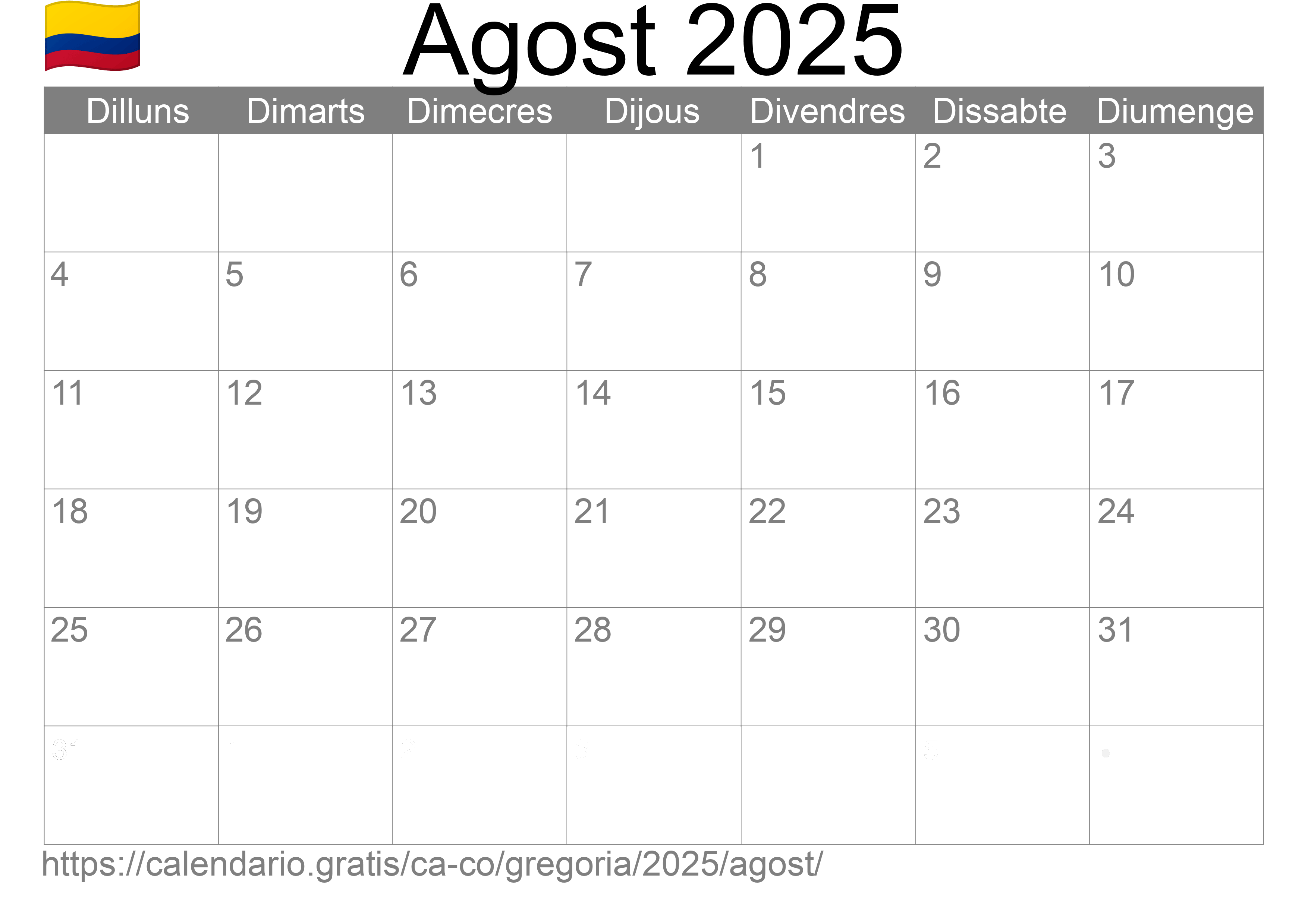 Calendari Agost 2025 per imprimir