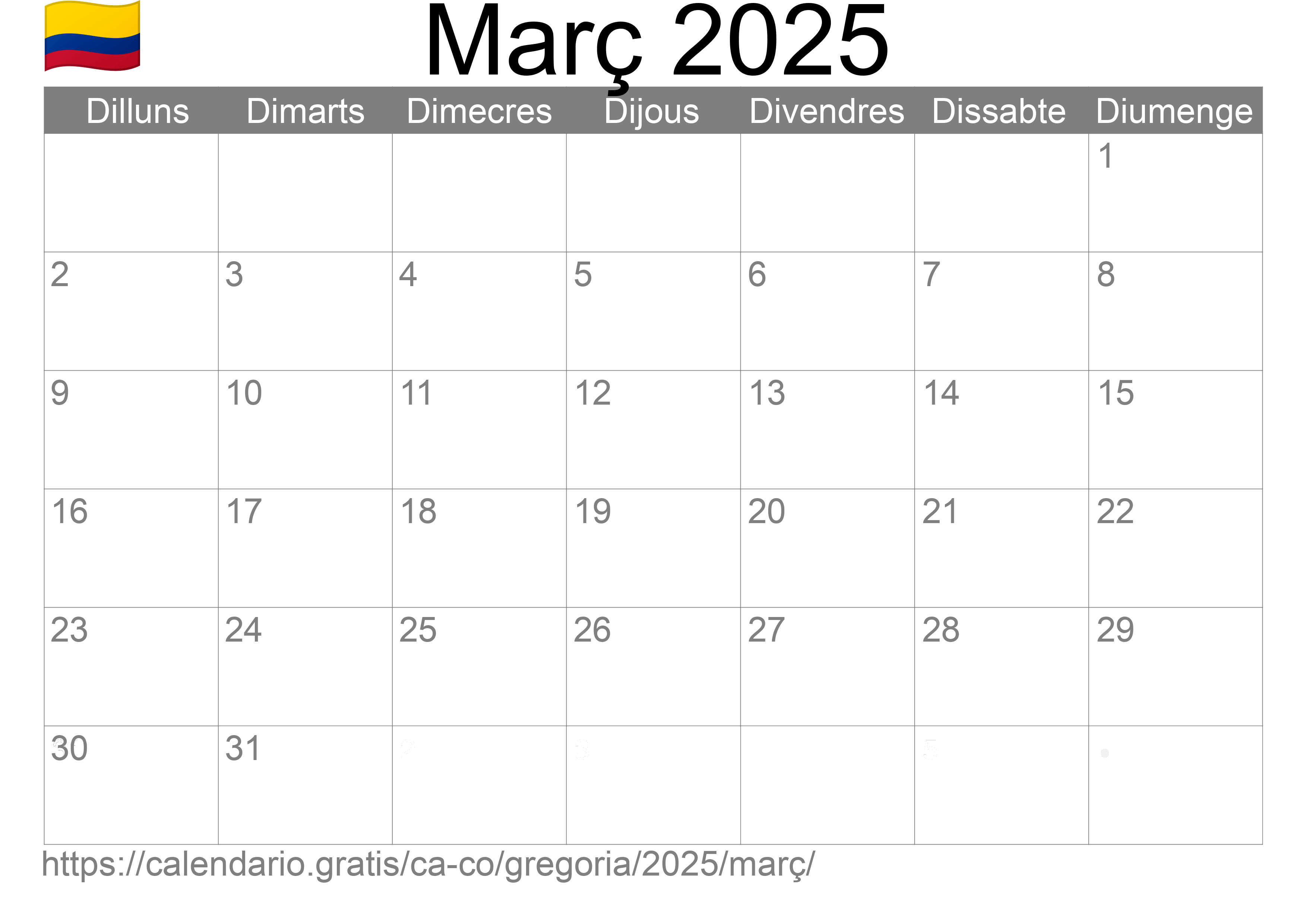 Calendari Març 2025 per imprimir