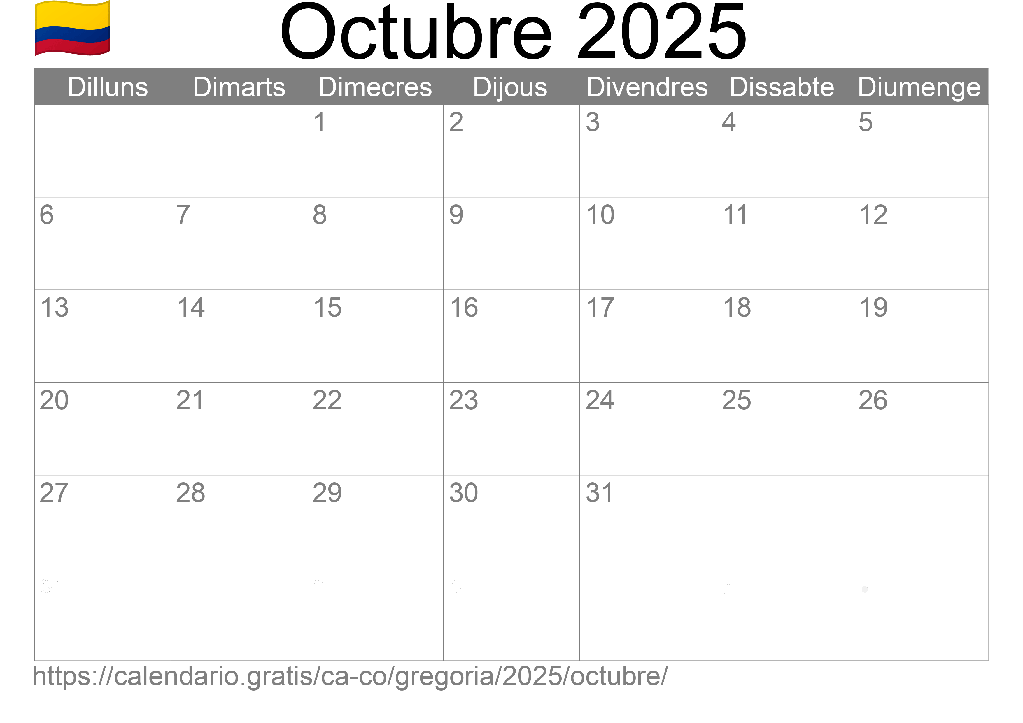 Calendari Octubre 2025 per imprimir