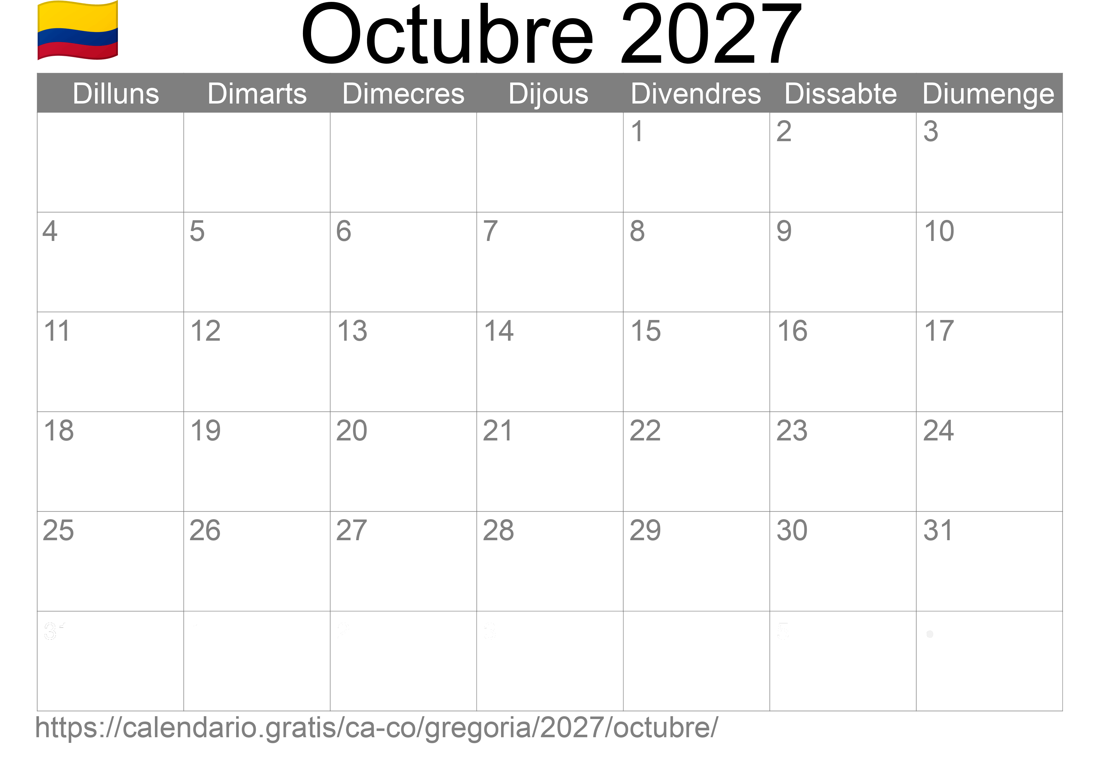 Calendari Octubre 2027 per imprimir