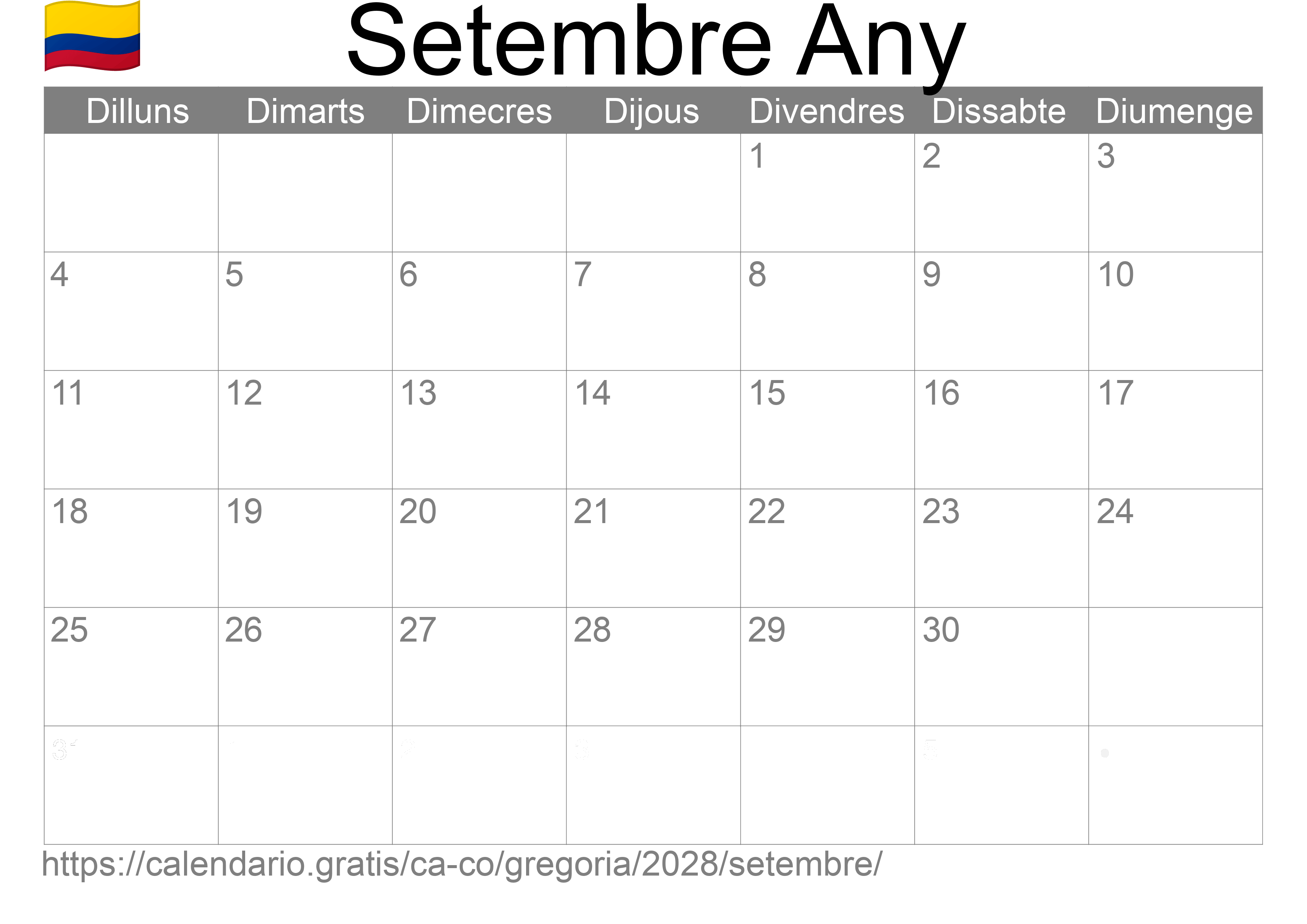 Calendari Setembre 2028 per imprimir