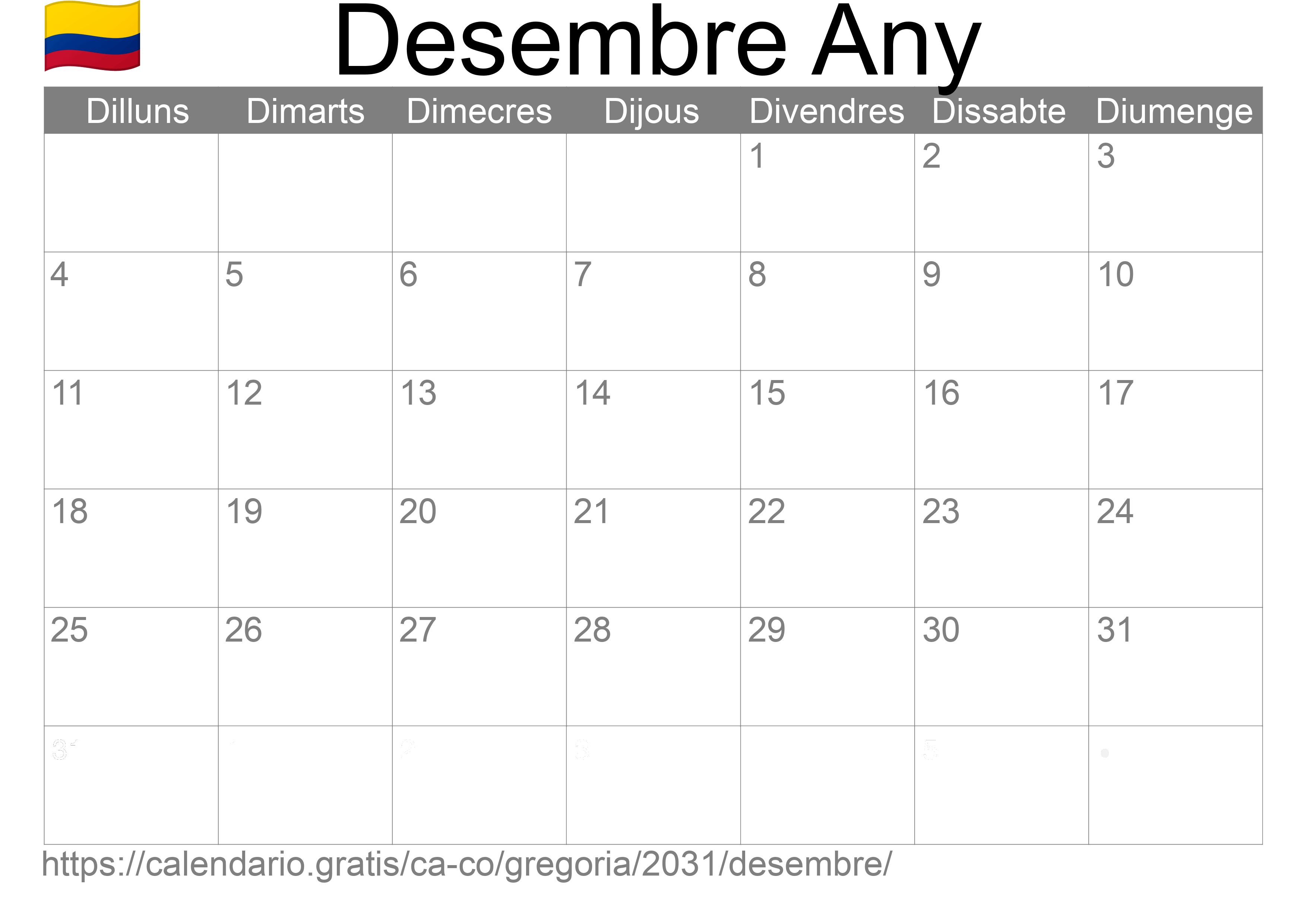 Calendari Desembre 2031 per imprimir