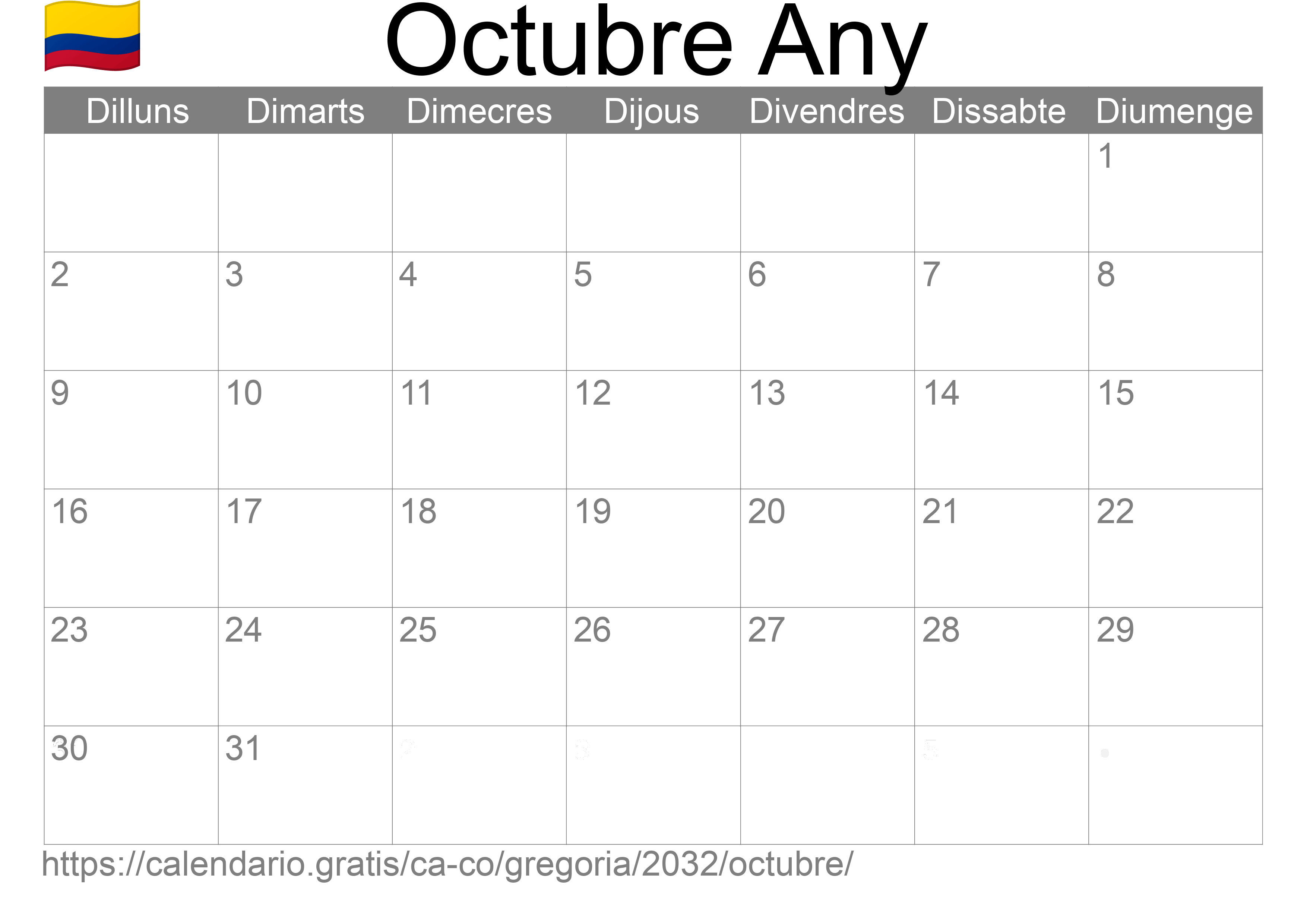 Calendari Octubre 2032 per imprimir