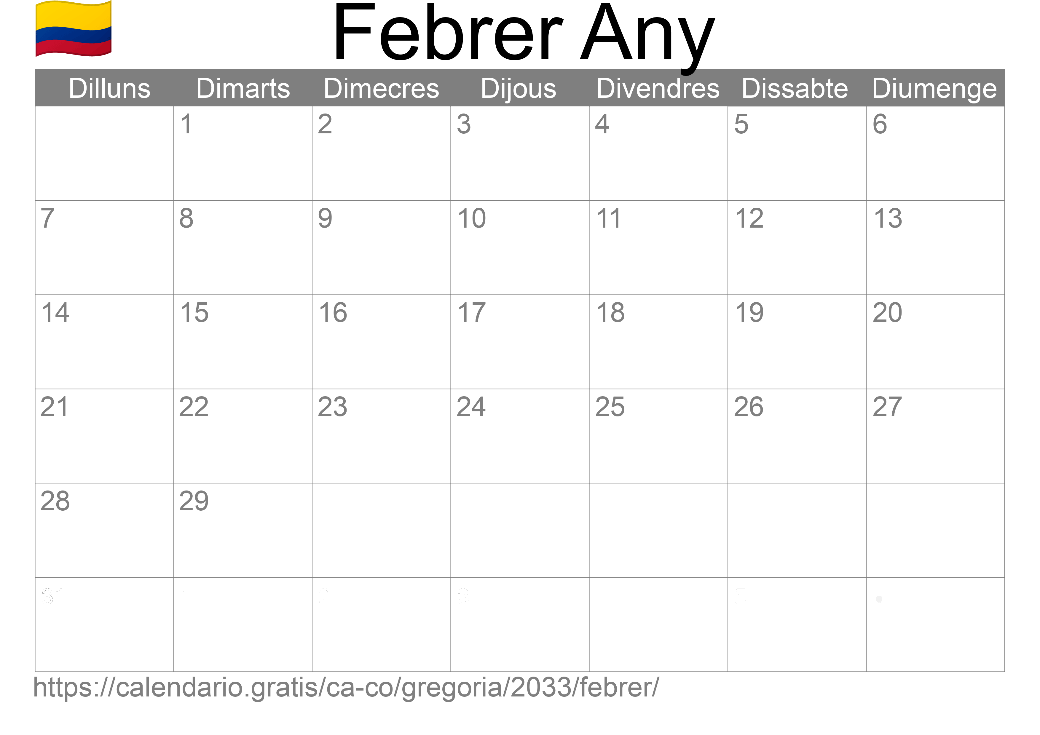 Calendari Febrer 2033 per imprimir