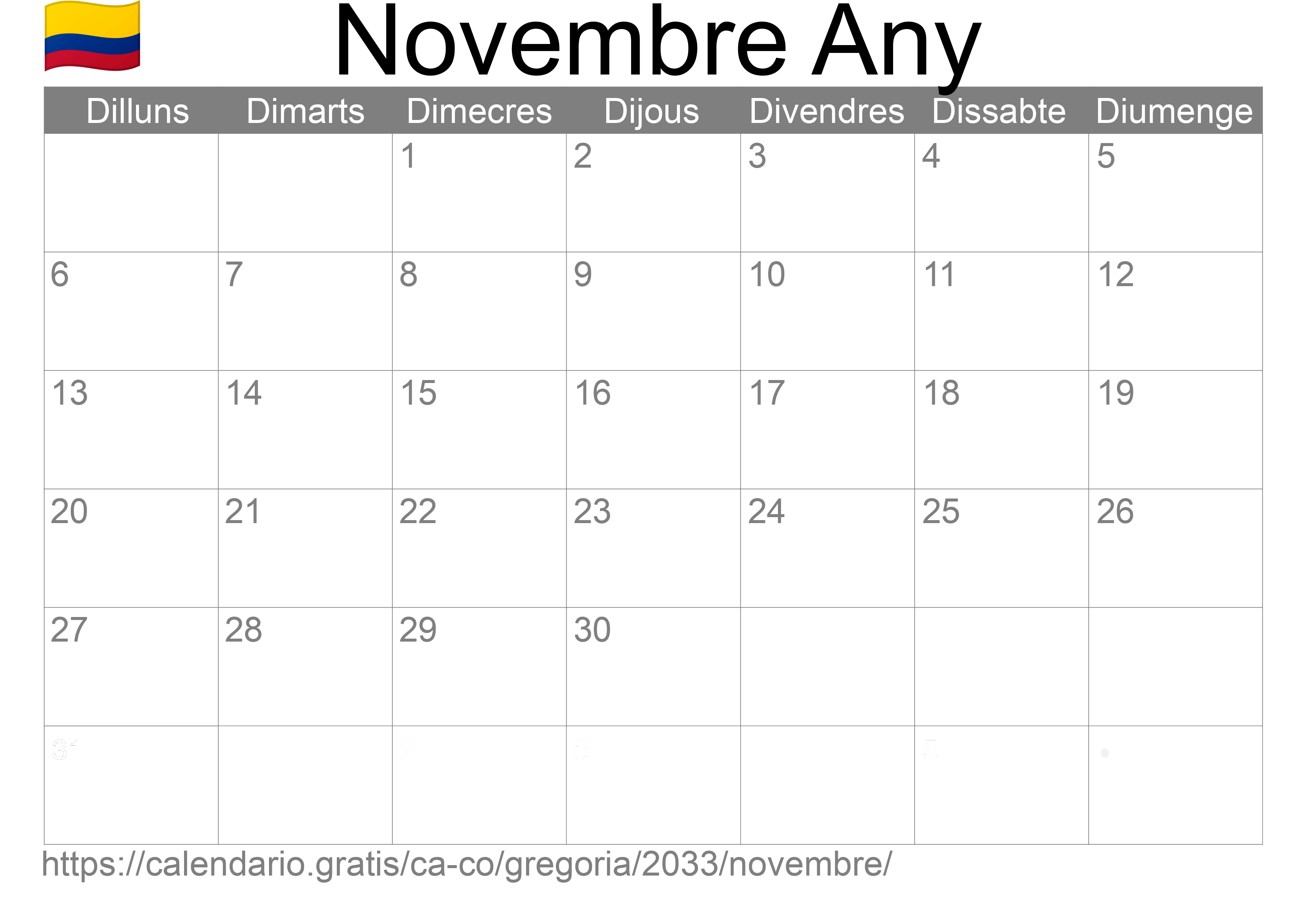 Calendari Novembre 2033 per imprimir