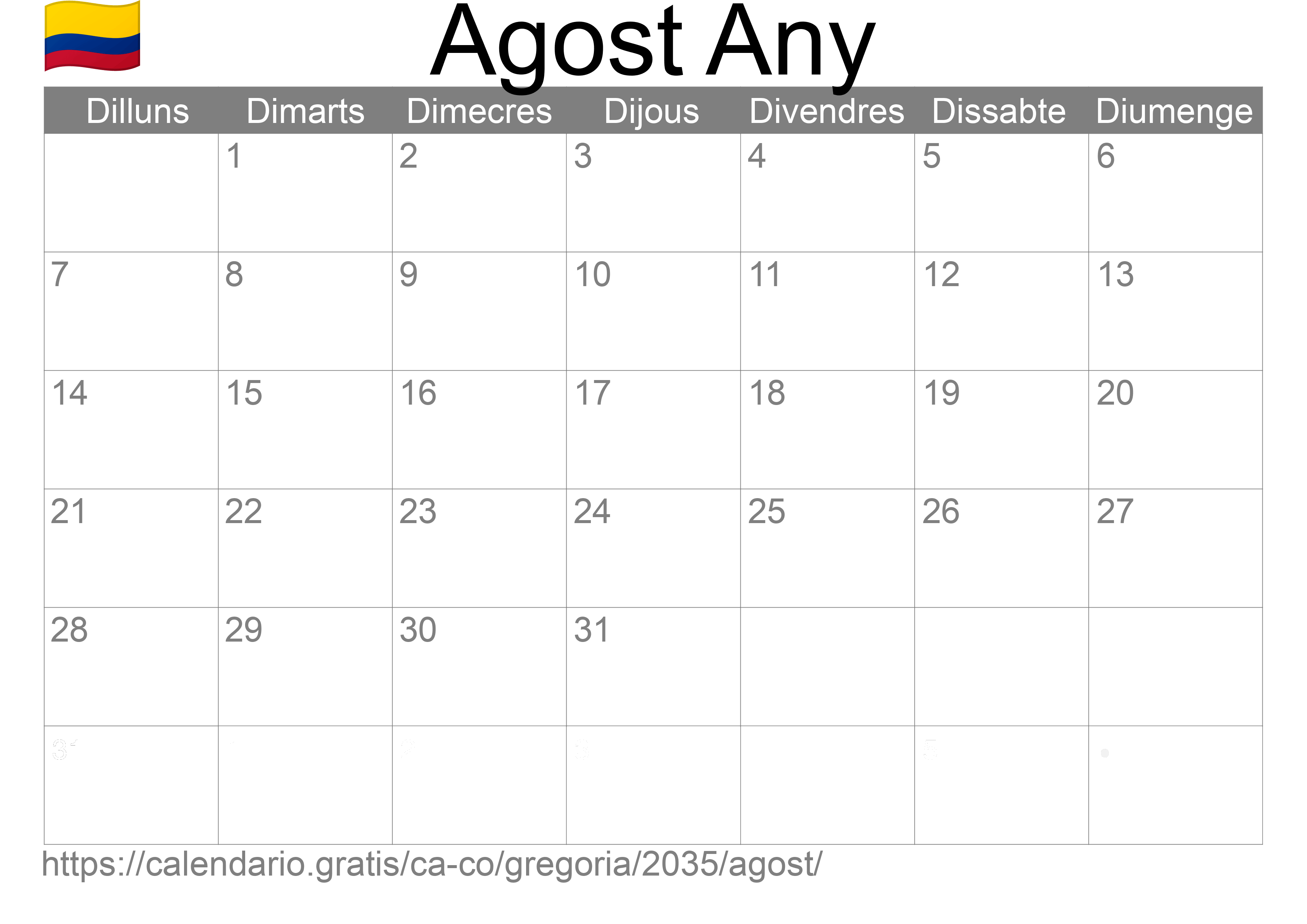 Calendari Agost 2035 per imprimir