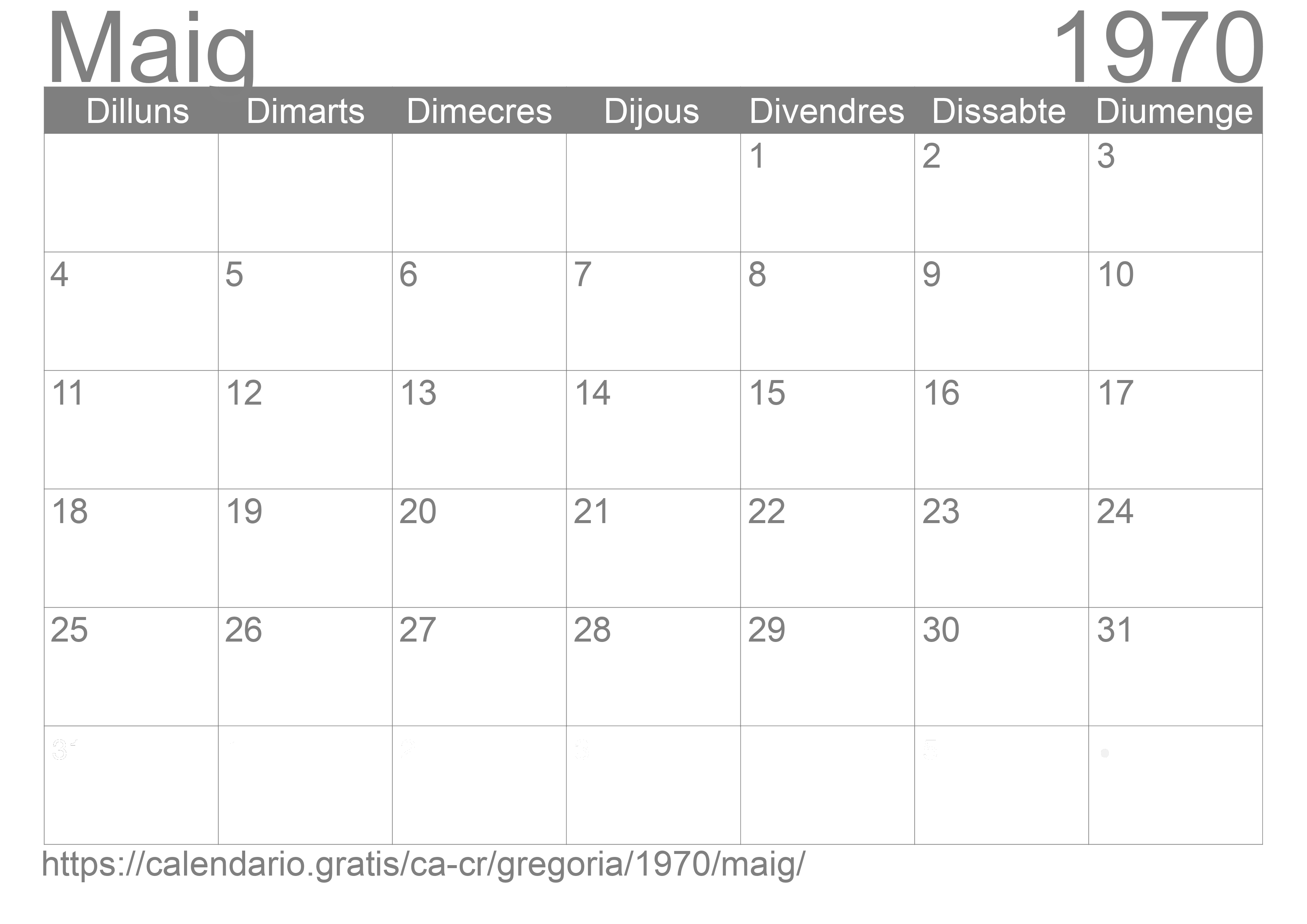 Calendari Maig 1970 per imprimir