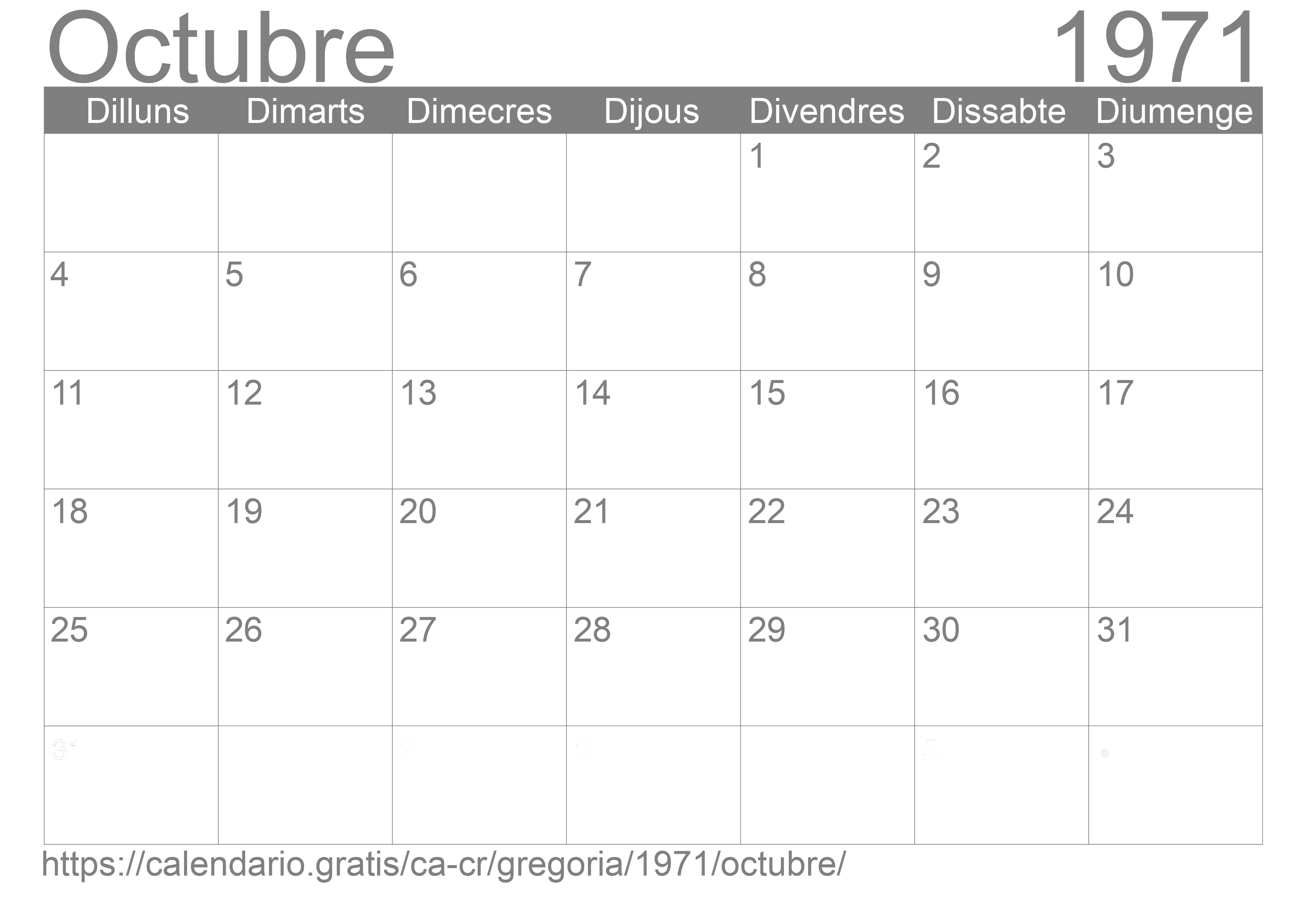 Calendari Octubre 1971 per imprimir