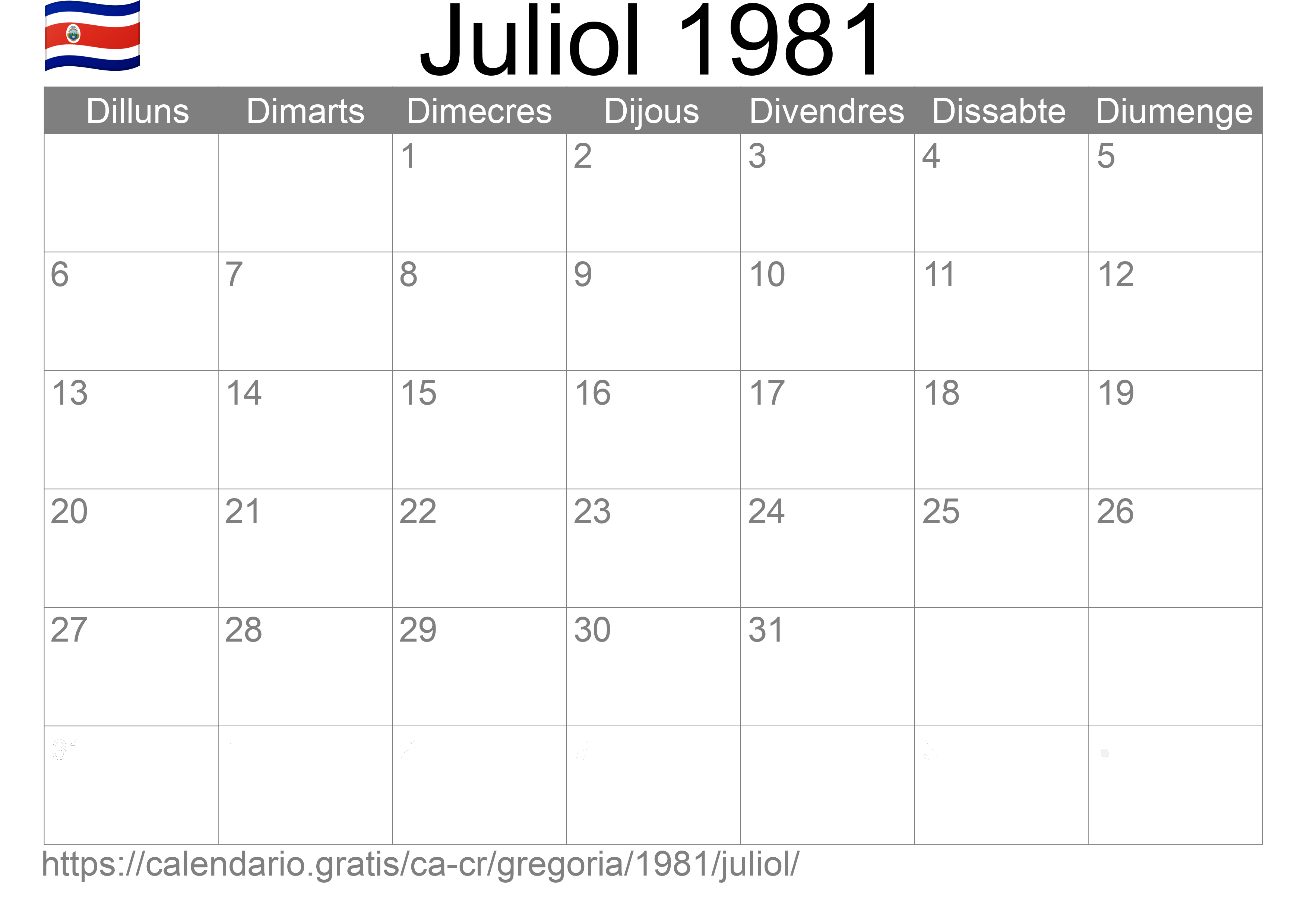 Calendari Juliol 1981 per imprimir