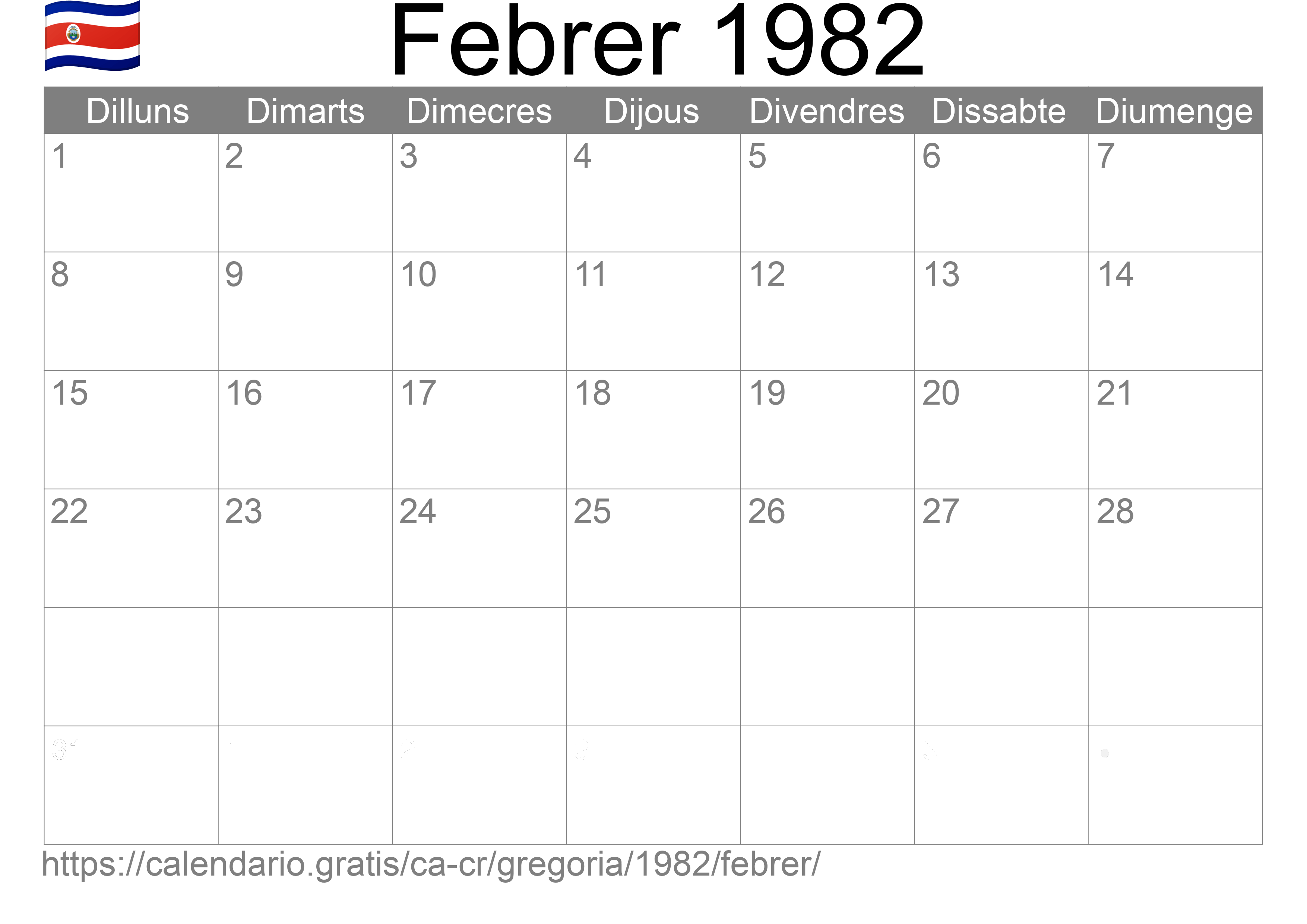 Calendari Febrer 1982 per imprimir